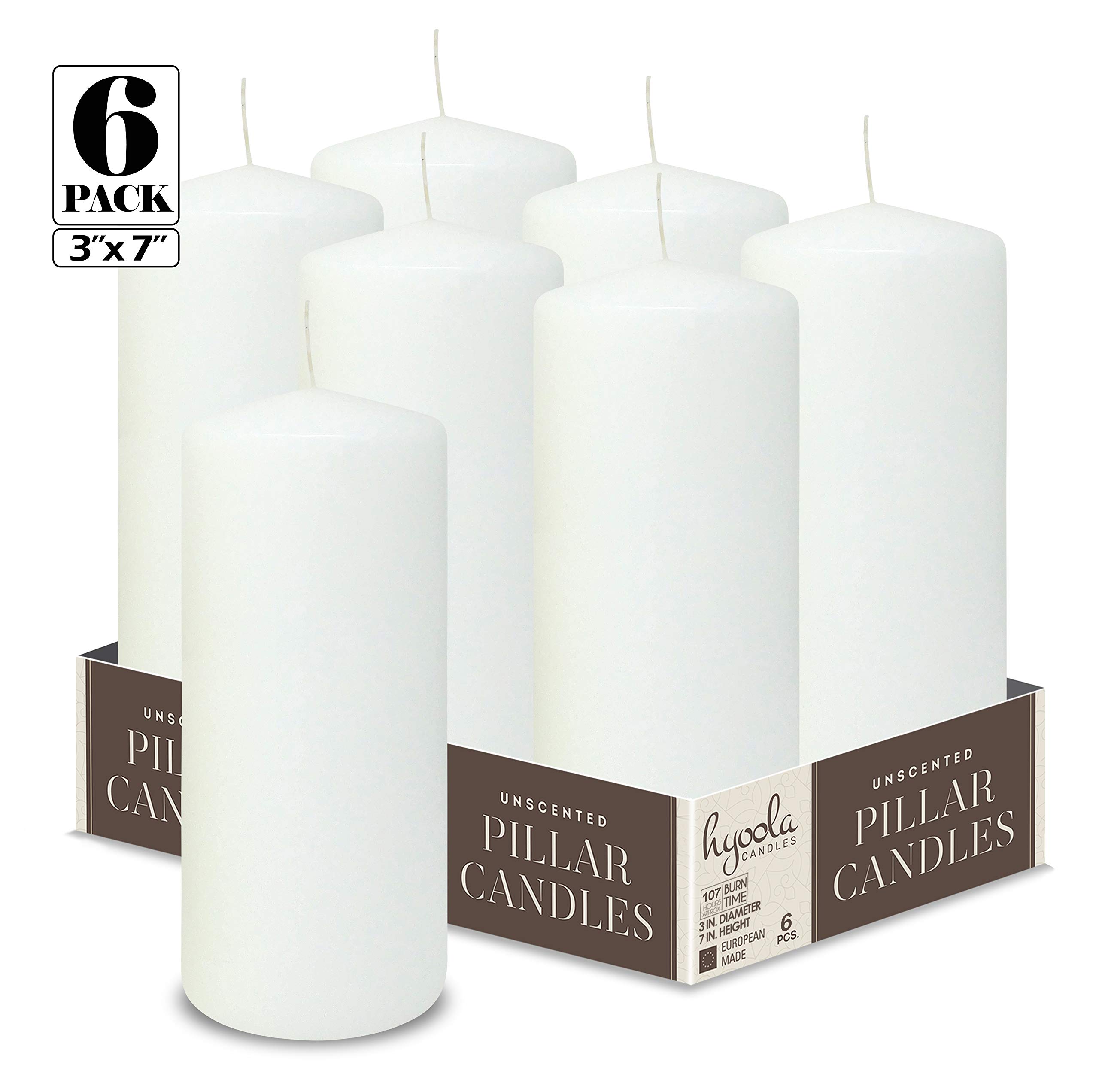 Hyoola White Pillar Candles 3x7 Inch - Unscented Pillar Candles - 6-Pack - European Made