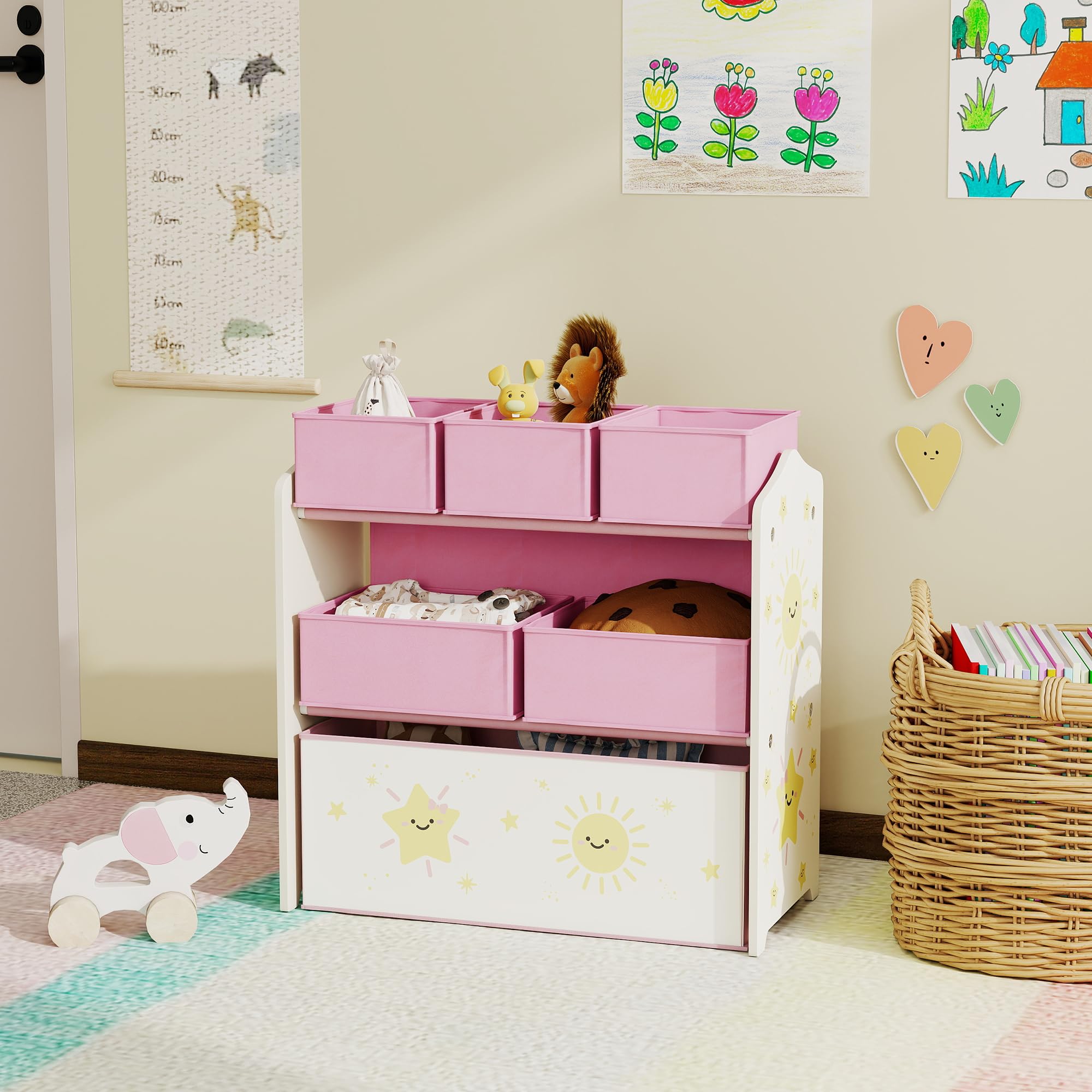 AIYAPLAY Meuble Rangement Enfant à 3 Niveaux, étagère de Rangement pour Jouets Enfants avec 6 boîtes en Tissu Amovibles, pour Chambre d'enfant, Salle de Jeux, garderie, Rose