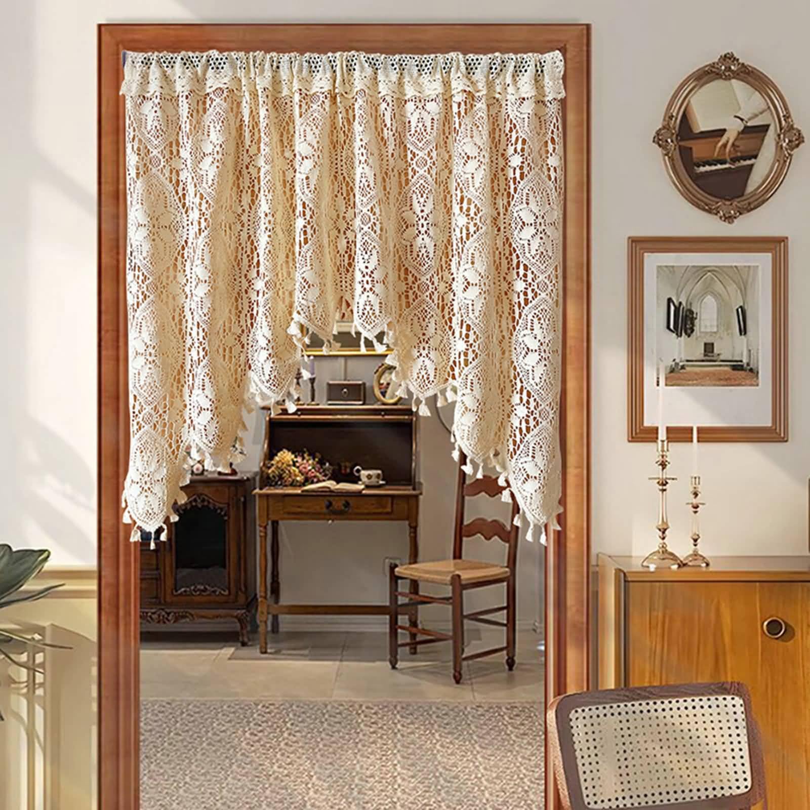 Gardine Blickdicht Lichtdurchlässig, 1 Stück Stangentasche Scheibengardine Küchengardinen Bistrogardine Halb Transparent Häkelblumenmuster mit Quaste aus Polyester BaumwolleBeige, 180x90x50cm