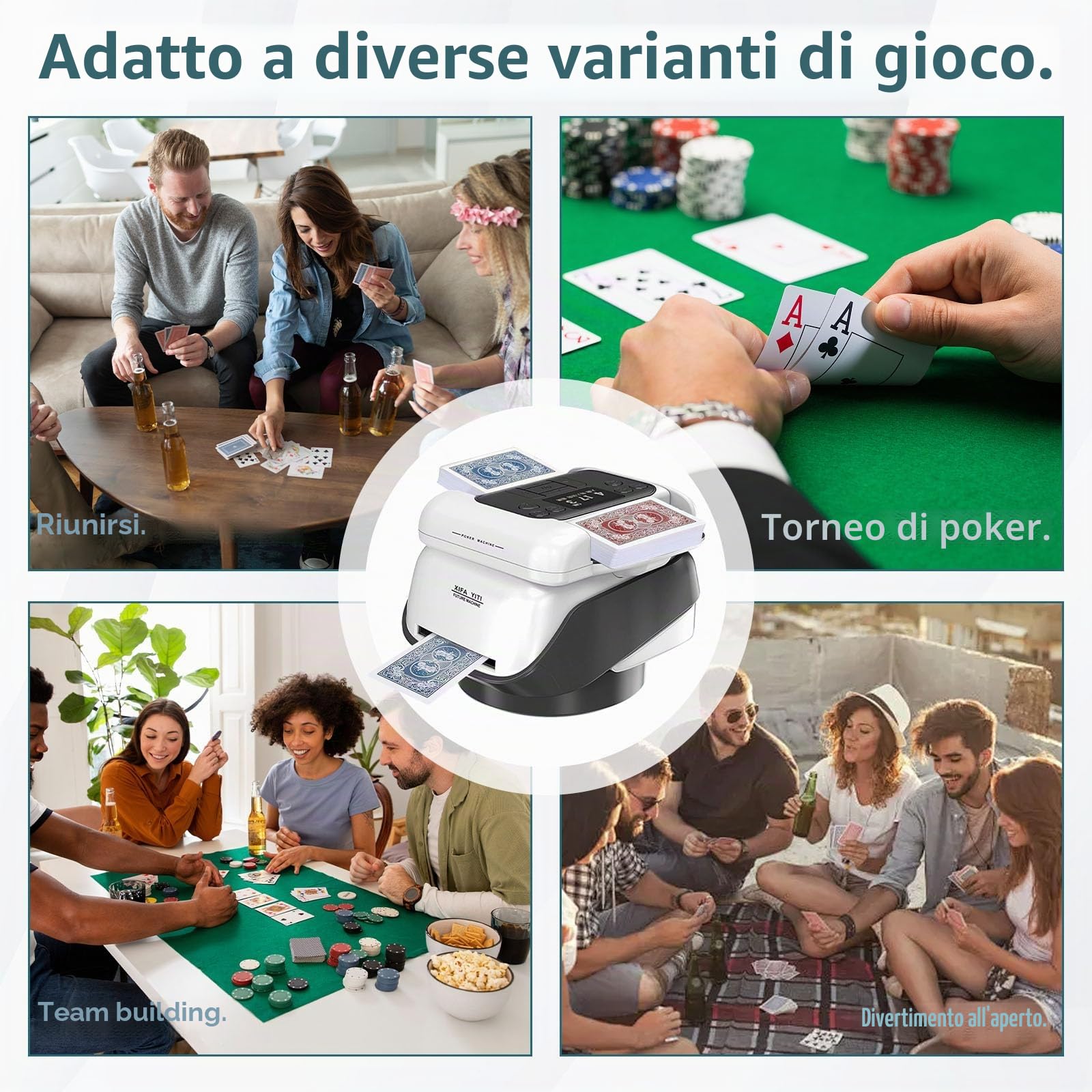 Mescolatore e distributore Automatico di Carte 2 in 1, Diverse modalità di Gioco, distribuzione a 360°, per Giochi Come Poker, Uno e Texas Hold'em