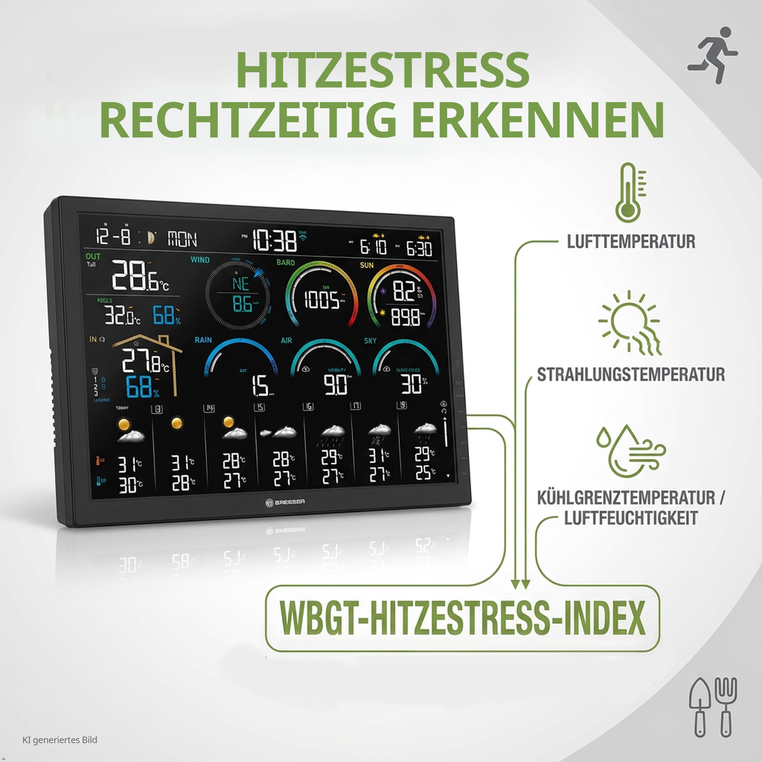 Stacja pogodowa Wi-Fi BRESSER 4CAST 18,5" z czujnikiem 8-w-1 | Temperatura wewnętrzna i zewnętrzna, wilgotność, deszczomierz, wiatromierz, UV, światło, WBGT, prognoza pogody, aplikacja