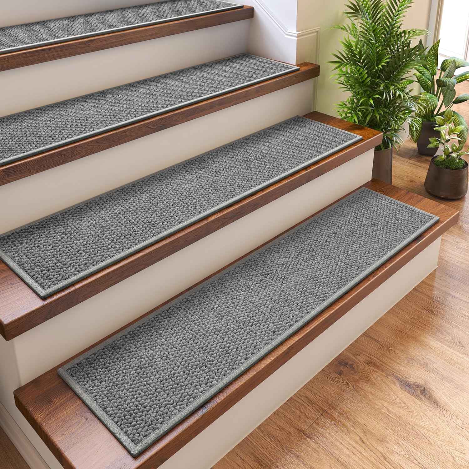 4PC Stair Treads Non-Slip Washable Peel and Stick Stair Treads for Wooden Steps Indoor Reusable Stair Carpet Treads Adhesive Stair-Runner Rugs for Kids and Dogs Elder?8"x30" Gray? 8"x30"x4PCS A-grey