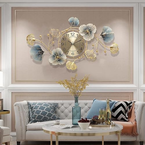 Reloj de pared grande de 33 pulgadas, silencioso, sin tictac, decorativo, de metal, hoja de ginkgo, diseño único, reloj de pared elegante para sala