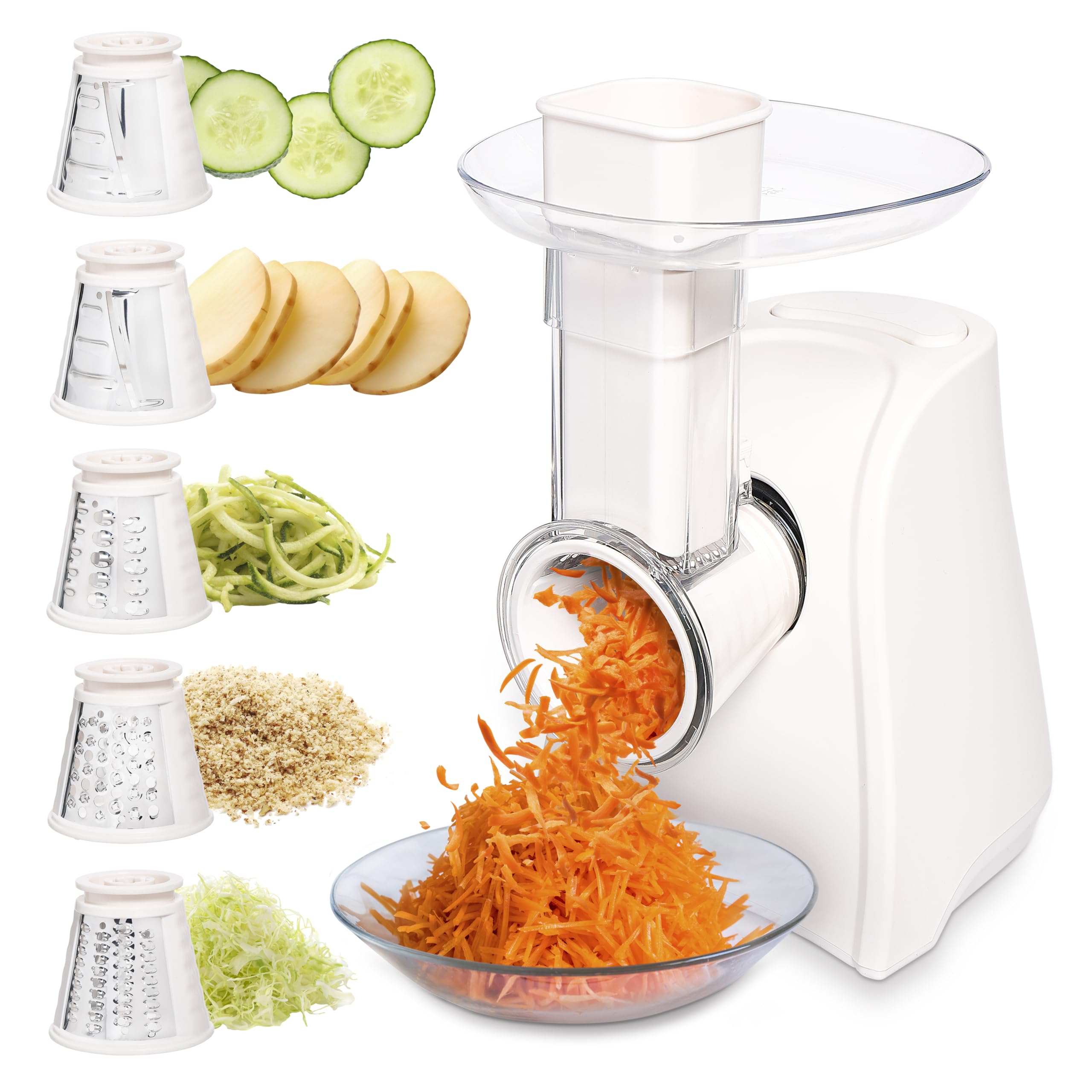 COOK WITH COLOR 5-in-1 Electric Slicer, 150W Food Prep Machine – Cheese Shredder, Fine &amp; Coarse Graters, Potato Grater, Vegetable Slicer, Fruit, Salad Shooter, Compact Design for Bowl Prep, Cream