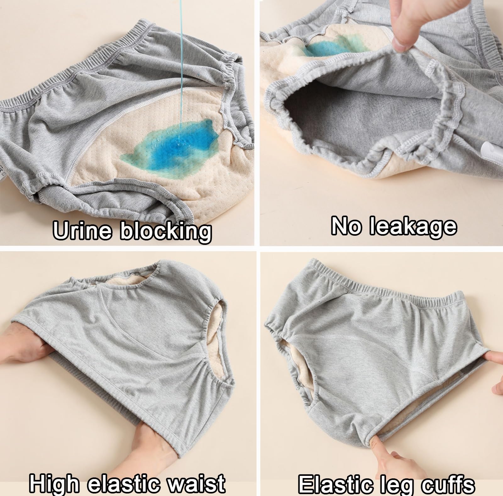 3 Stück Inkontinenz Pants für Erwachsene,Auslaufsichere UnterwäSche Wiederverwendbare Stoffwindeln für Männer Damen Inkontinenz Höschen Atmungsaktive Baumwollunterwäsche(Black,XX-Large)