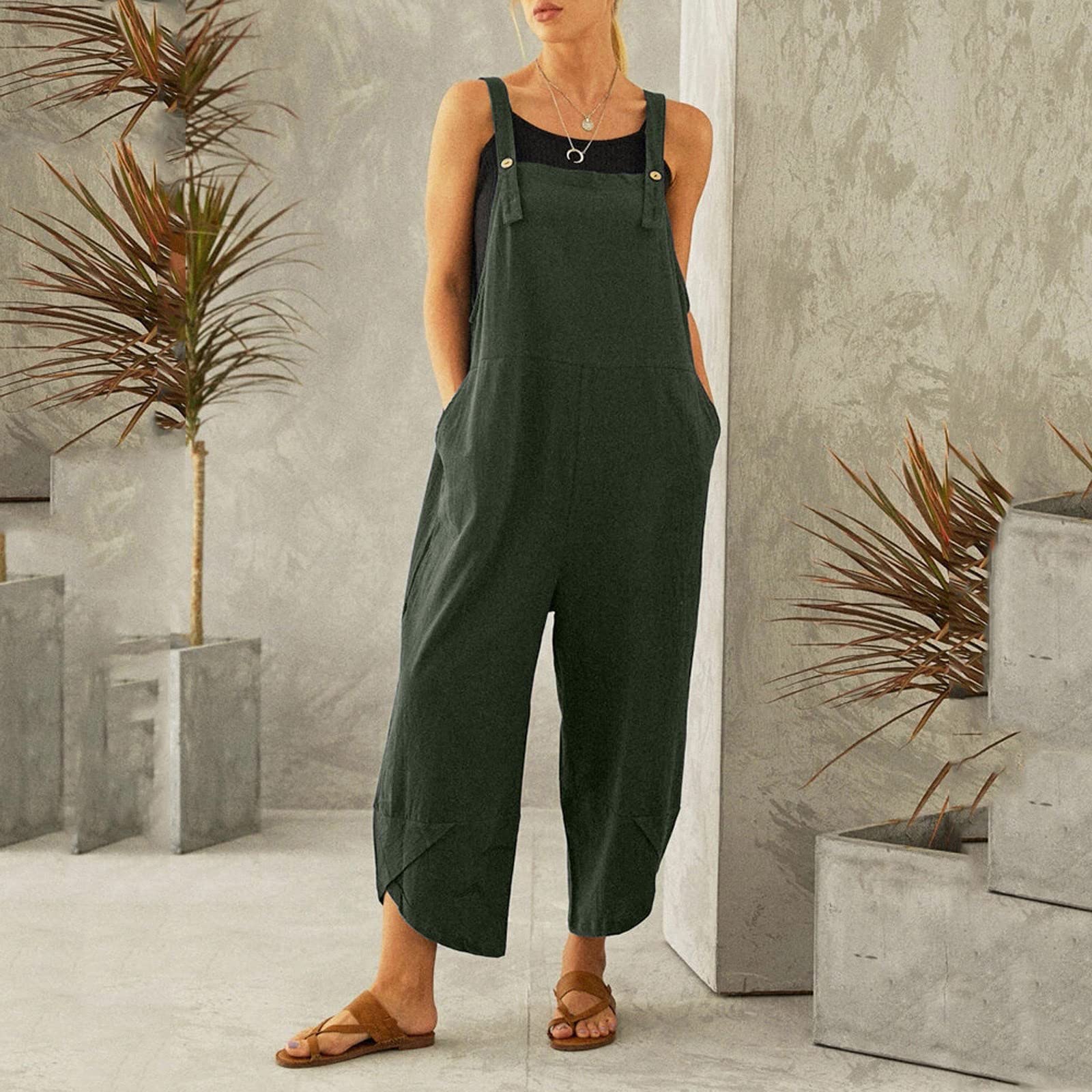 Générique Combinaison Femme Ete décontracté bouton poche mode barboteuse sangle longue solide combishort combinaison femmes combinaison