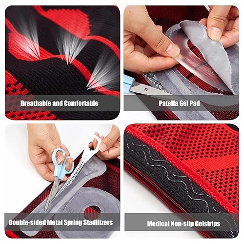 Miniatura 3 de Rodillera con almohadilla de gel para rótula, soporte de manga de compresión de rodilla con estabilizadores de resorte lateral (rojo, grande)