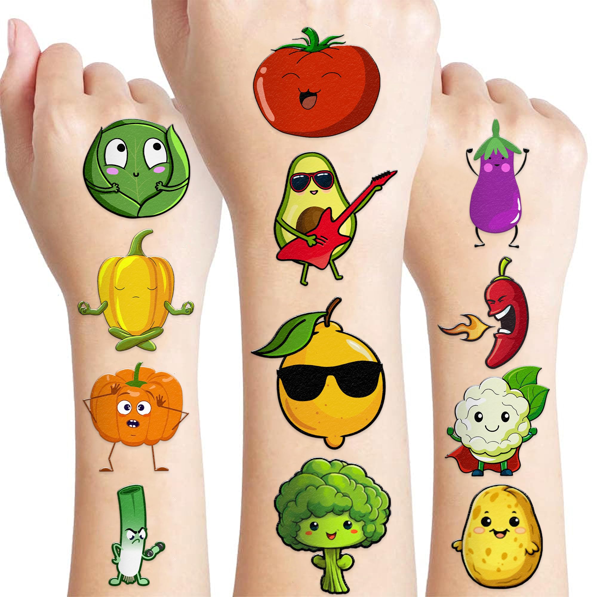 100 PCS Funny Vegetable Temporary Tattoos Sticker for Kids Avocado Corn Pumpkin Birthday Party Decorations Supplies Favors Celebration Gifts Boys