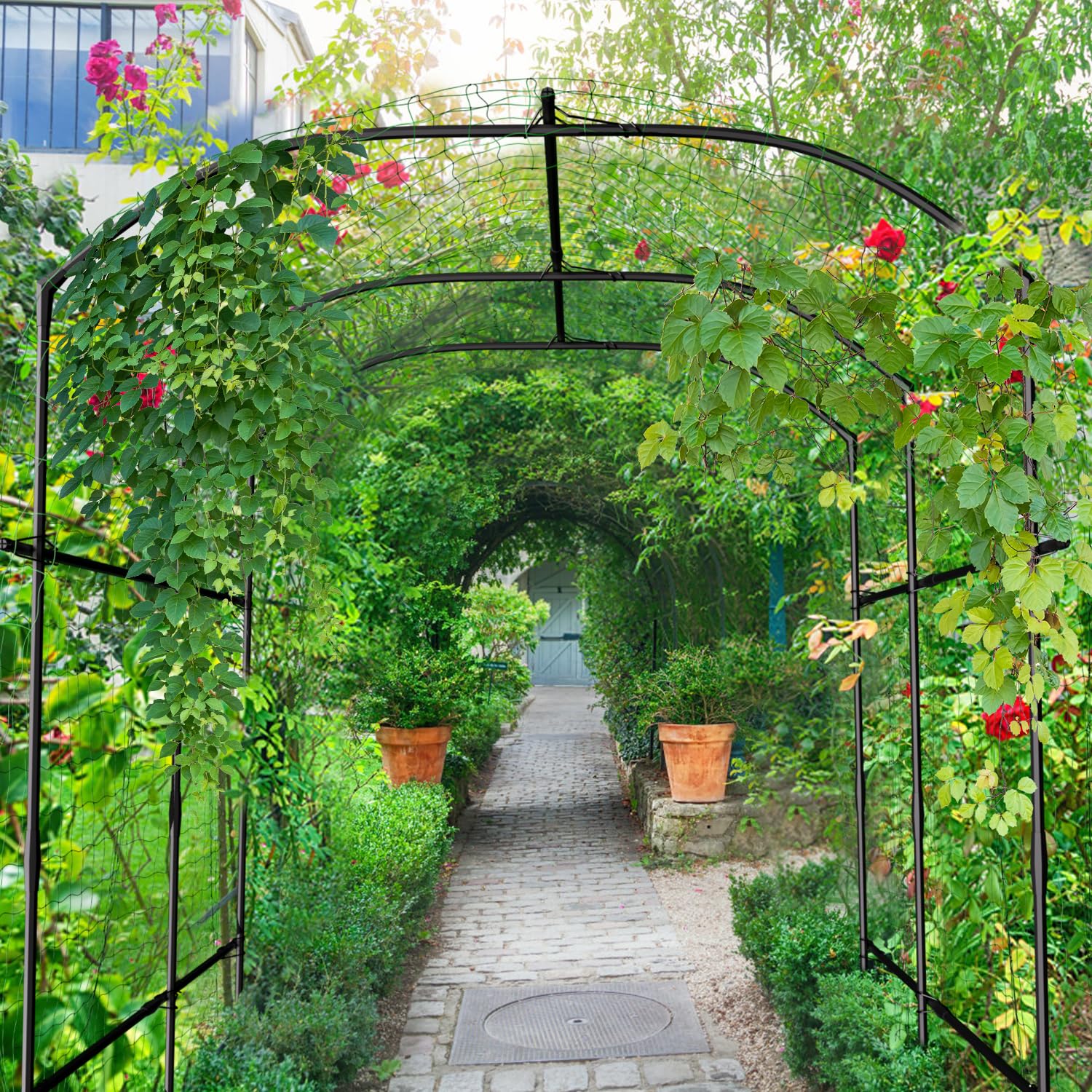 SUNYRISY Grande Supporto per Piante Rampicanti, Arco da Giardino per Piante Rampicanti, 220cm di Altezza in Metallo Rivestimento PE con Rete per Rampicanti, Arco per Piante Rampicanti per Cetrioli