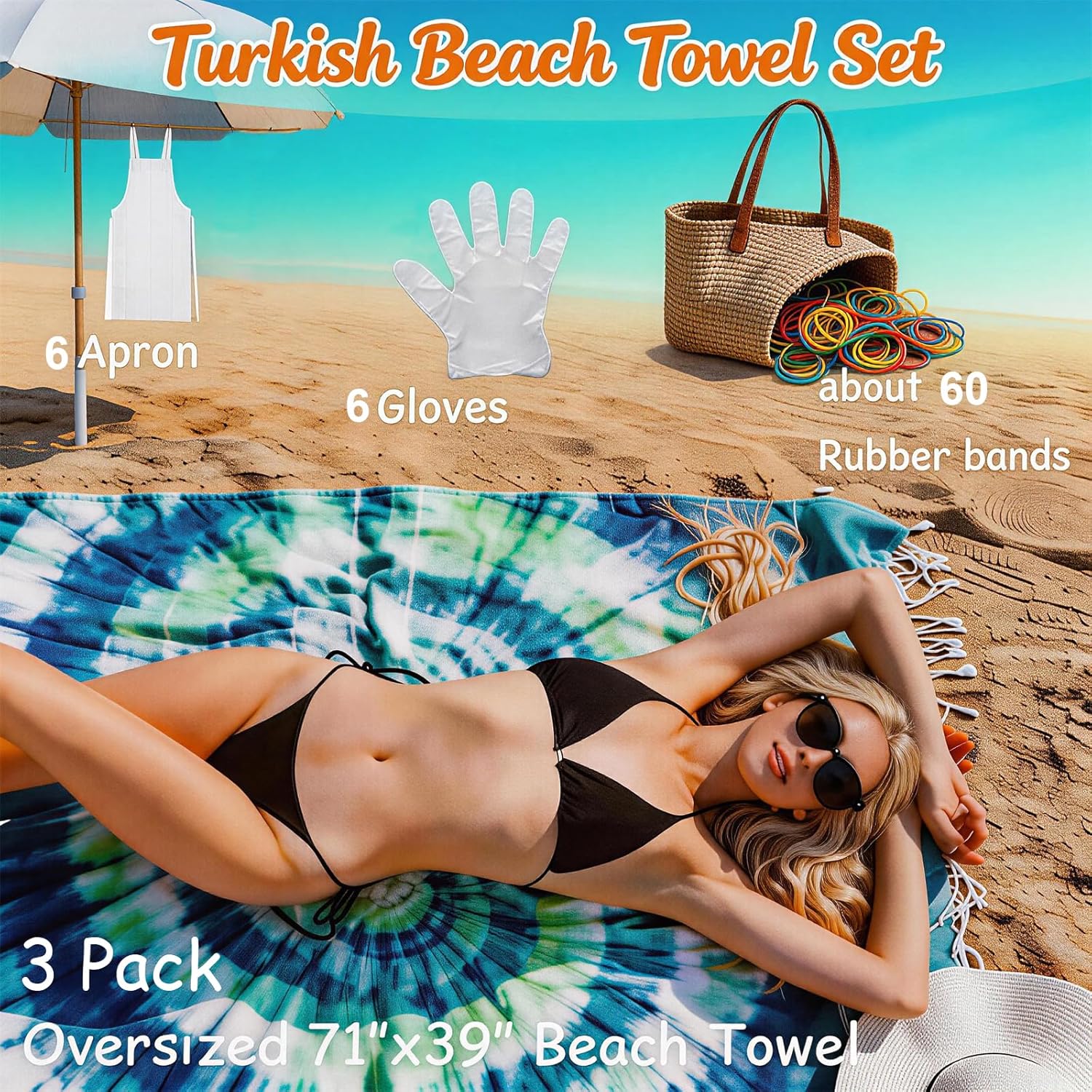 3Pcs Turkish Beach Towel 71"x39" - Oversized Cotton Towel, Blanket for Tie Dye DIY, Quick Dry & Sand Free for Travel, Camping