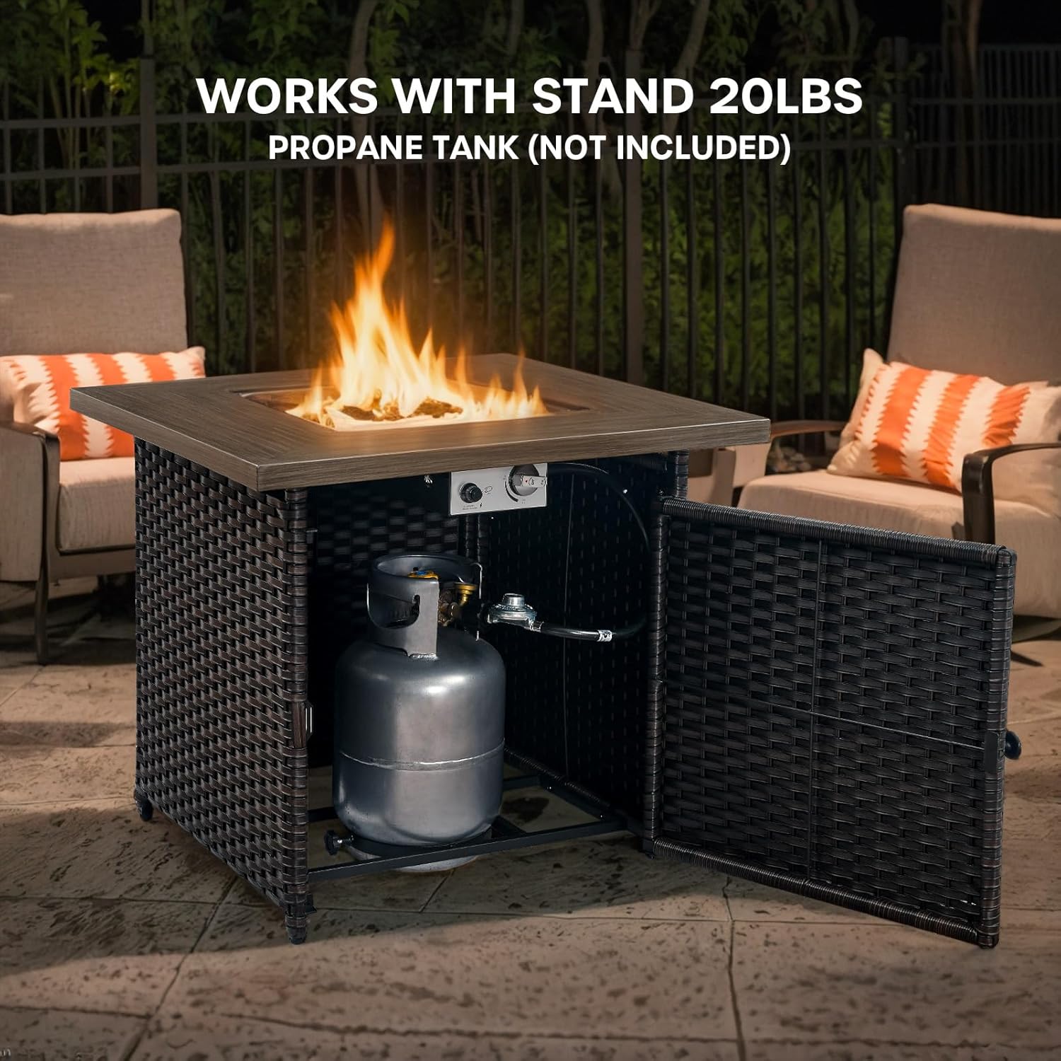 Brown Resin Wicker Outdoor Fire Table - 30in Square Gas Fire Pit with 50000 BTU, Lava Rocks and Lid - Perfect for Patio, Garden, Backyard