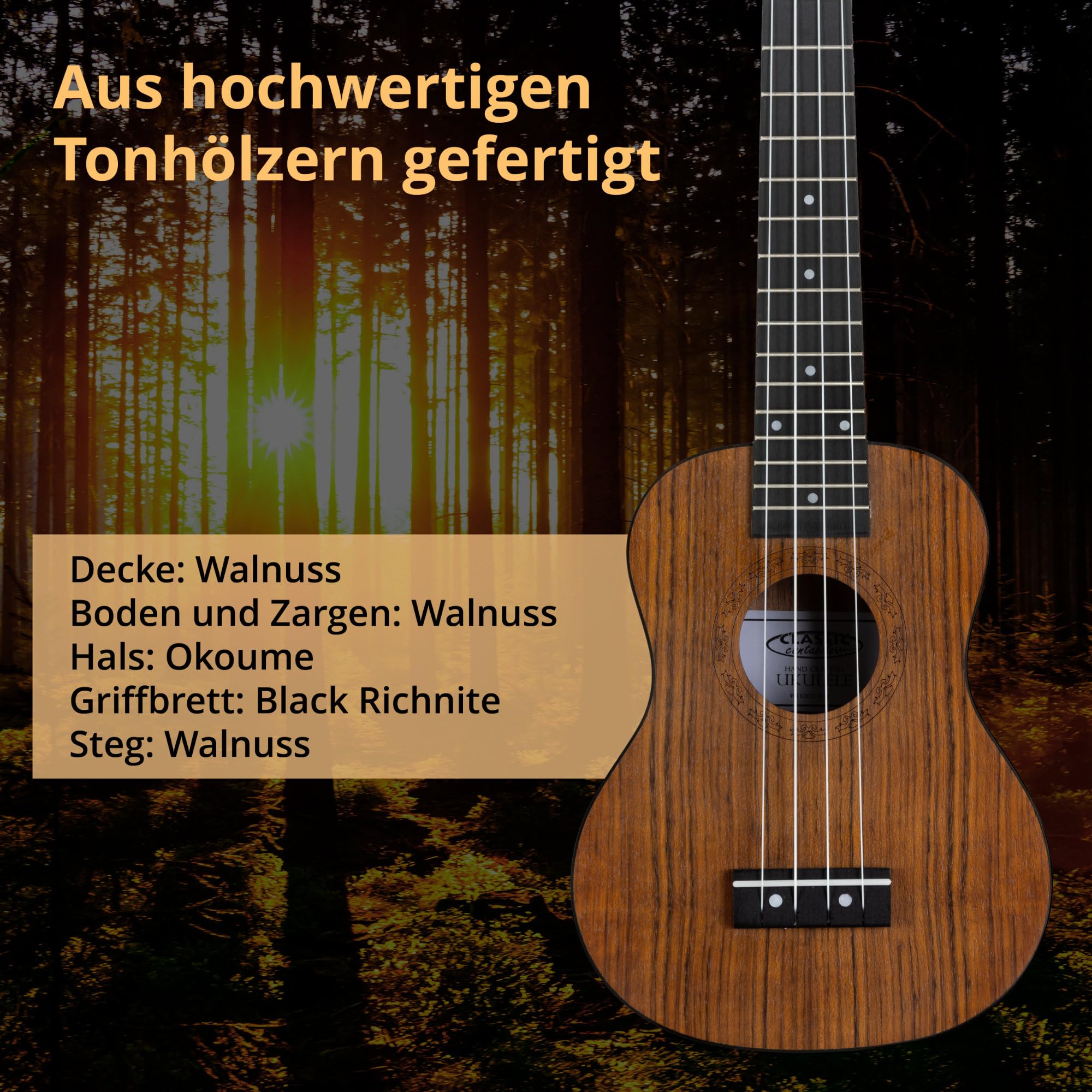 Classic Cantabile Sopran Ukulele Walnuss Set inkl. Lernheft und Tasche