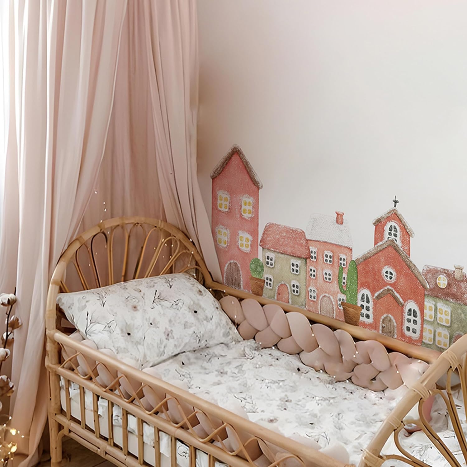 47.24×16.93in Large Nursery Wall Sticker Fairy Tale Cottage‌ Fabric,Pink Watercolor Building House Decal Peel Stick DIY Art Wall Decor for Playroom Kids Room Babyroom Gifts-1 Roll 2 Sheets