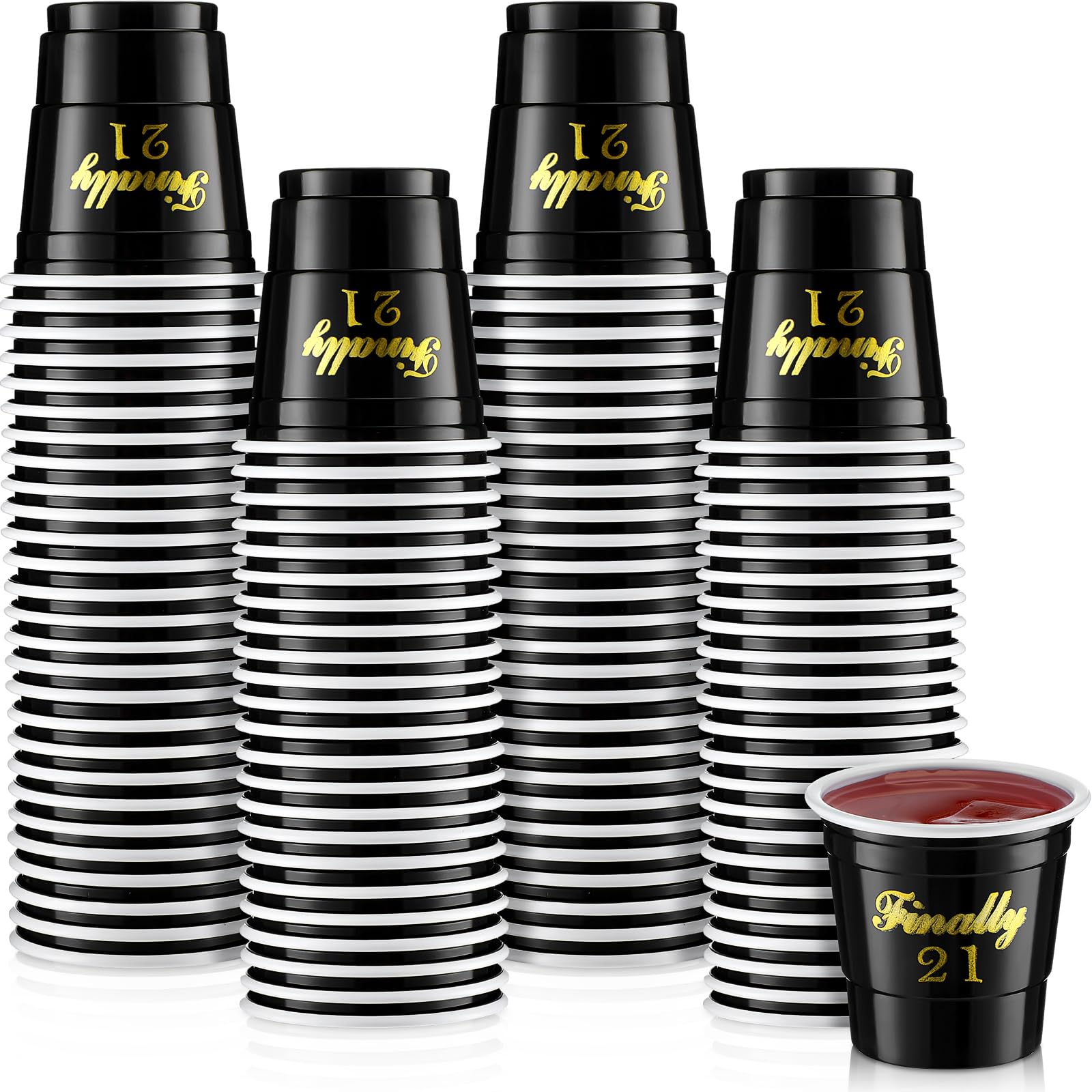 Domensi 100 Pcs Finally 21 Shot Glass Disposable 2 oz Plastic Cups 21st Birthday Party Supplies Twenty One Birthday Cups Decorations for Men and Women 21st Birthday Anniversary (Black,Finally 21)