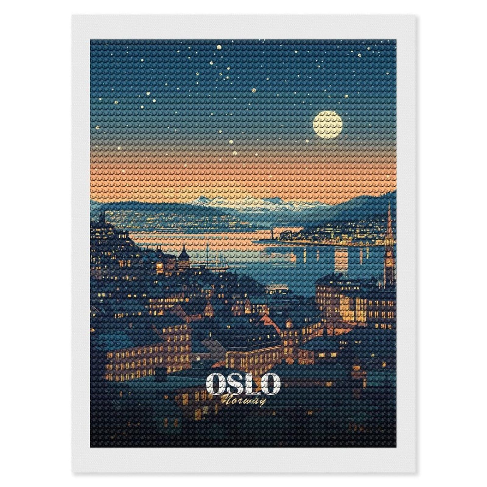 Junmoney Oslo, Norway Cityscape at Night Crystal Diamond Art Kit 12"x16", Round Gems, Detailed Printed Canvas, Creative Gift Idea, Vintage Style Decor