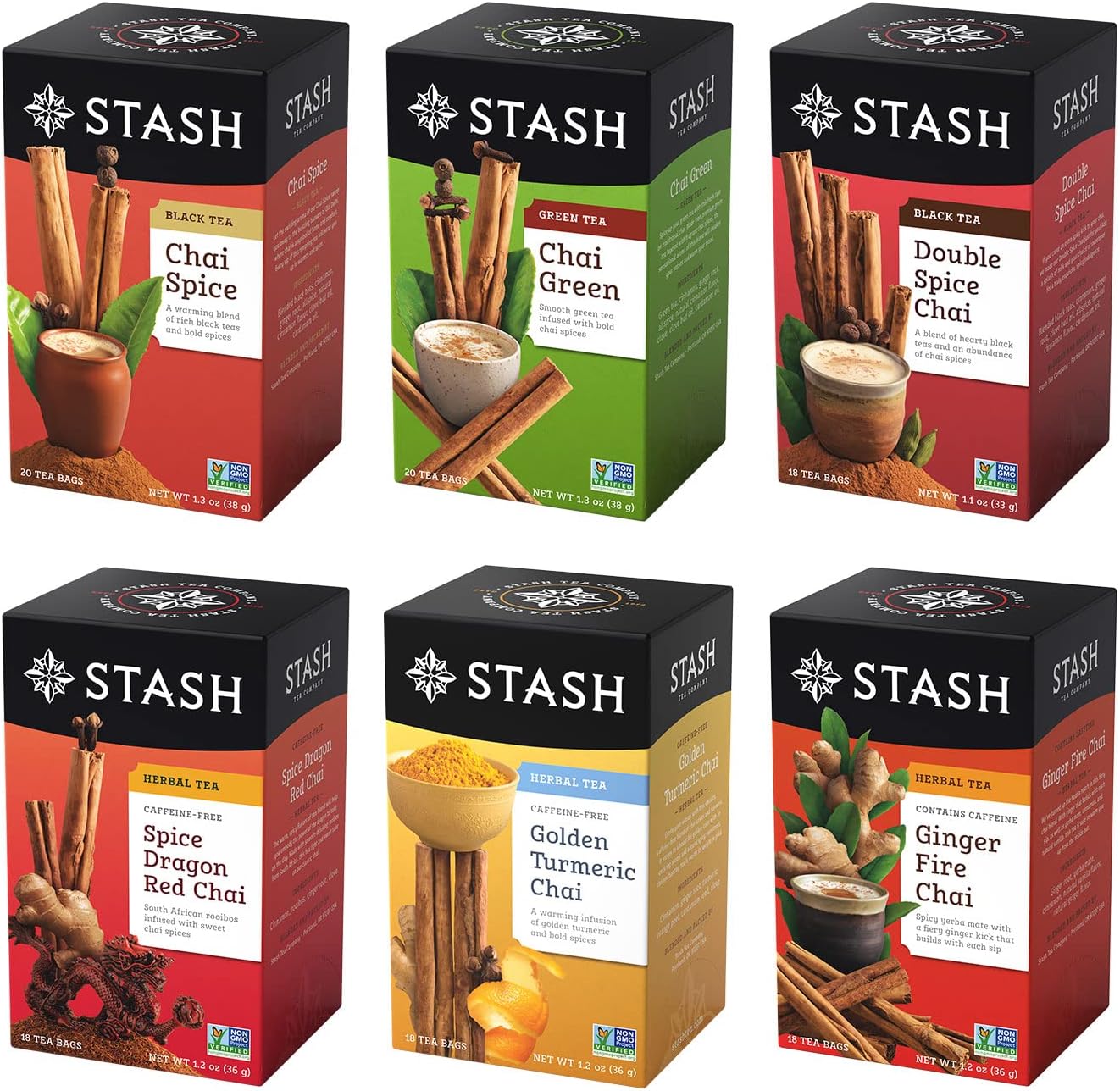 Stash Tea Chai Tea Variety Pack Sampler Assortment - Caffeinated, Non-GMO Project Verified Premium Tea with No Artificial Ingredients, 18-20 Count (Pack of 6)