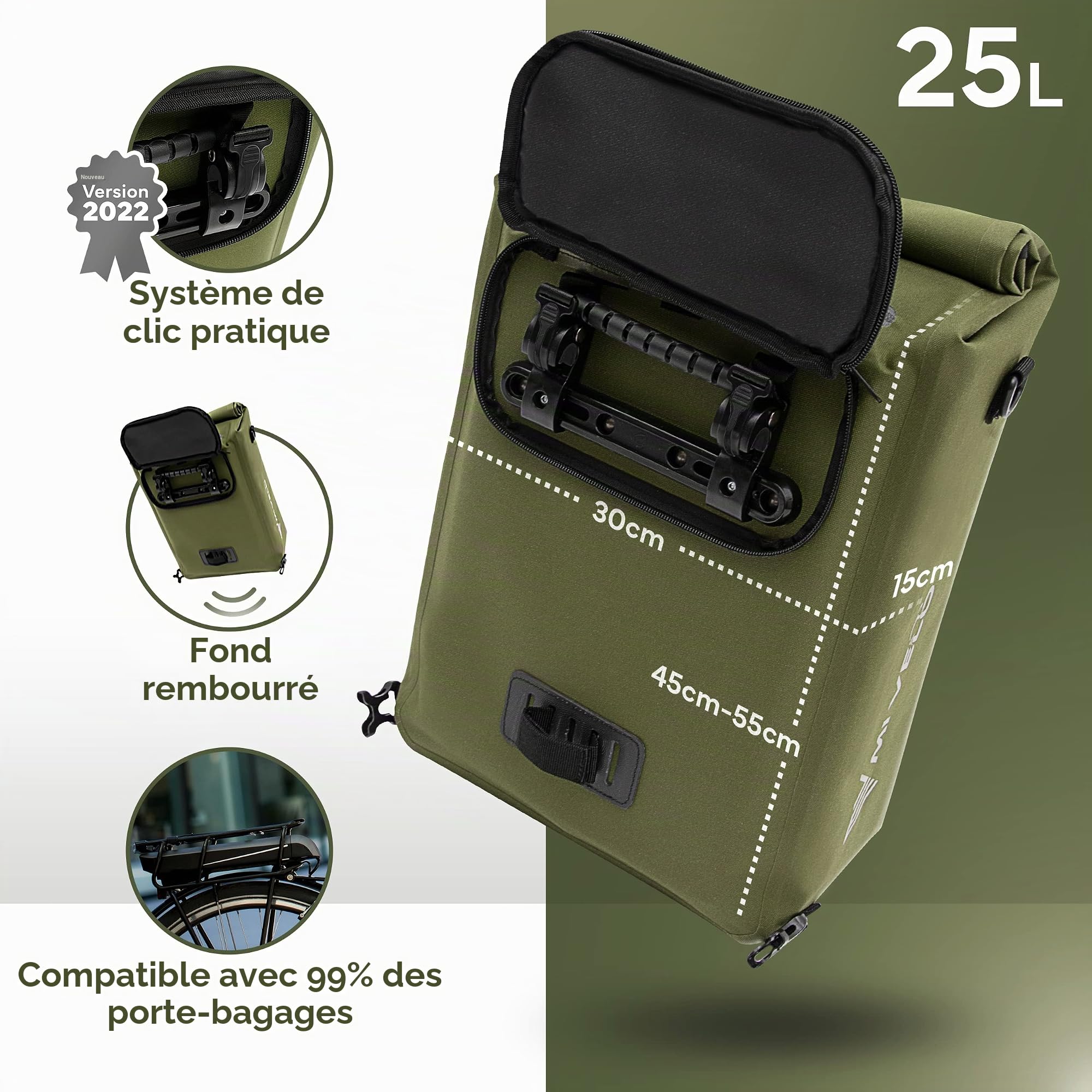 MIVELO Sacoche de vélo 3 en 1 pour Porte-Bagages, Sac à Dos, Sac à bandoulière, 100% étanche et sans PVC, avec Poche Amovible pour Ordinateur Portable, Vert Olive