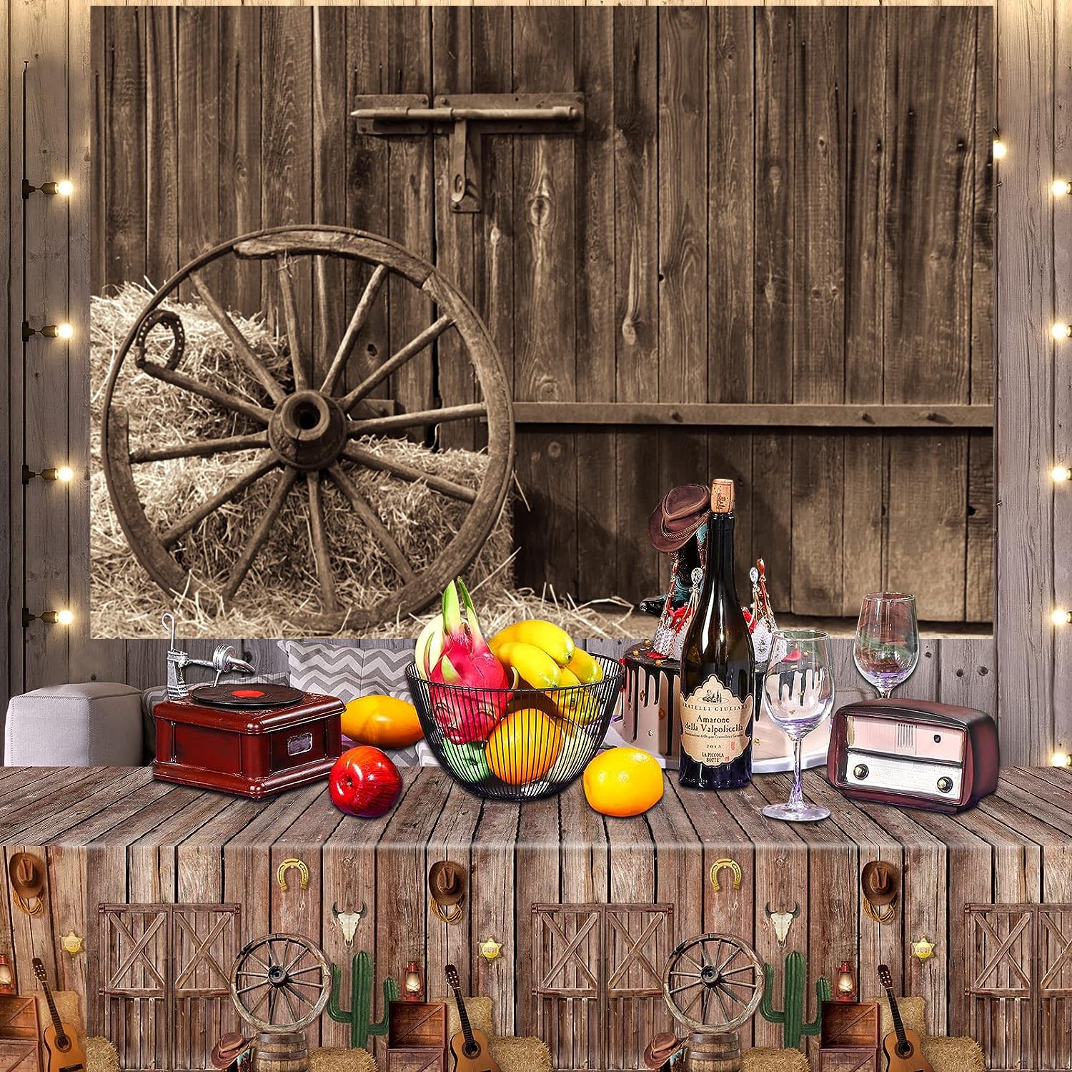 3.6x3m Sfondo Western Cowboy Vecchia porta del fienile con ruota antica balle di fieno pagliaio Sfondo fotografico a tema campagna Decorazioni per feste occidentali Bambini adulti Photoshoot Props