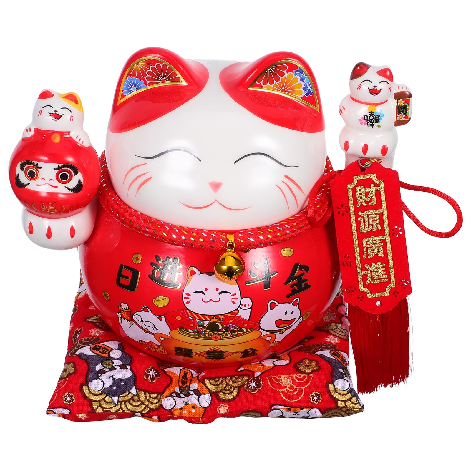 Keramik Spardose Maneki Neko Glückskatze Feng Shui Münzbehälter Tischdeko Rot Kompakt