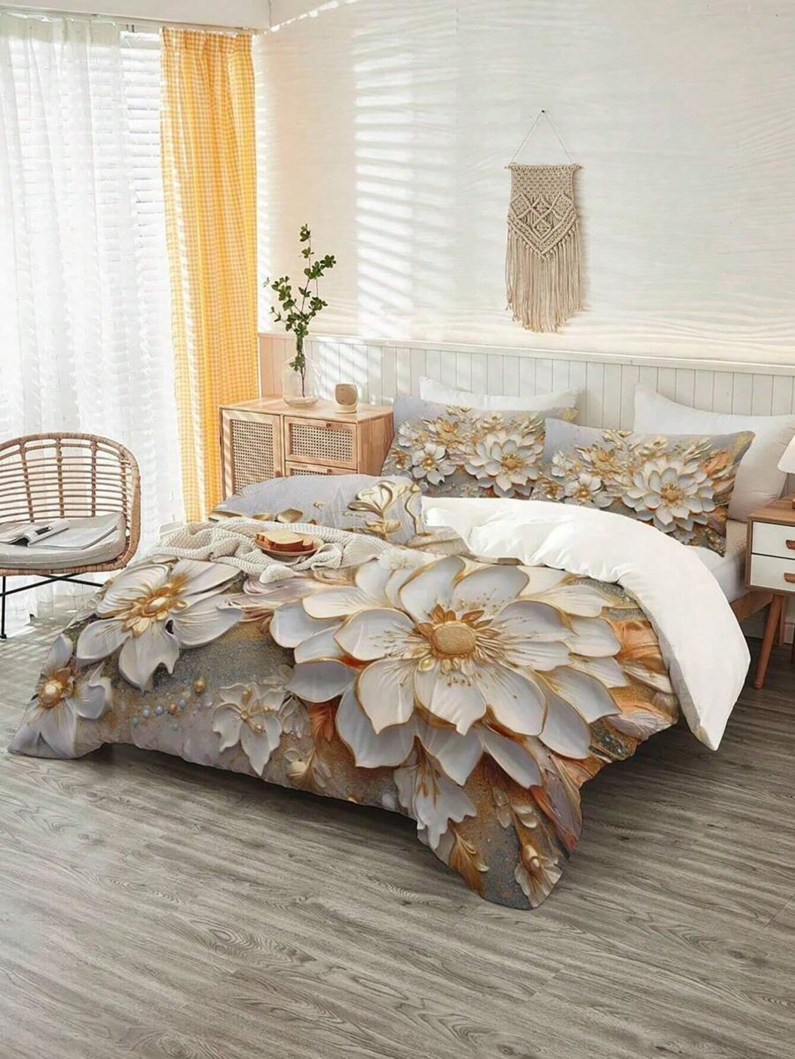 Parure de lit 3 pièces anti-froissement avec housse de couette douce motif floral 3D