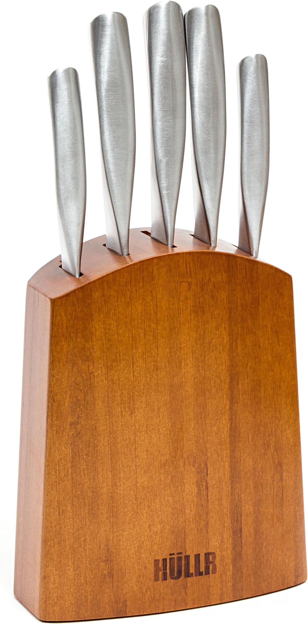 HULLR 5-Piece Ultra Premium Stainless Steel Kitchen Knife Set with Bamboo Block Includes: Chef Knife, Slicing Knife, Bread Knife, Utility Knife, Paring Knife