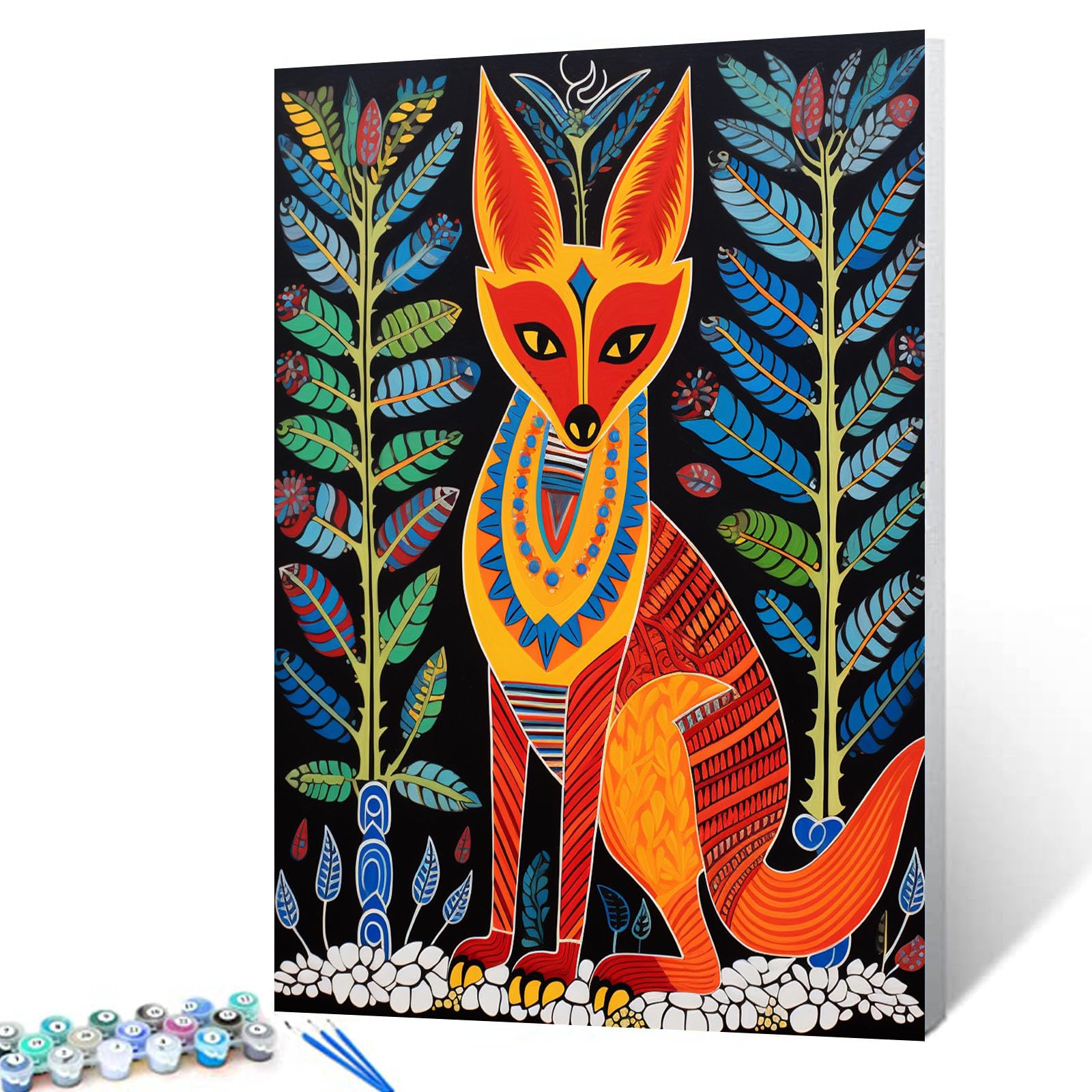 Tucocoo Gond Animal Fox Oil Painting Paint by Number Kits 16 x 20 inch Canvas Gond Painting Style Fox Art DIY Oil Painting for Kids Students Adults