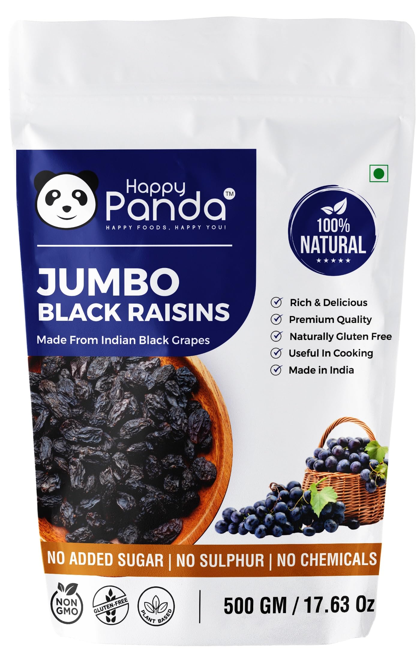 HappyPanda Organic Seedless Jumbo Black Raisins (1 Kg) - No Added Sugar, Naturally Dried Black Raisins Without Seeds For Eating - Unsweetened Organic Jumbo Black Raisin Dry Fruit (B0CD5SK94Z) Amazon Price History, Amazon Price Tracker