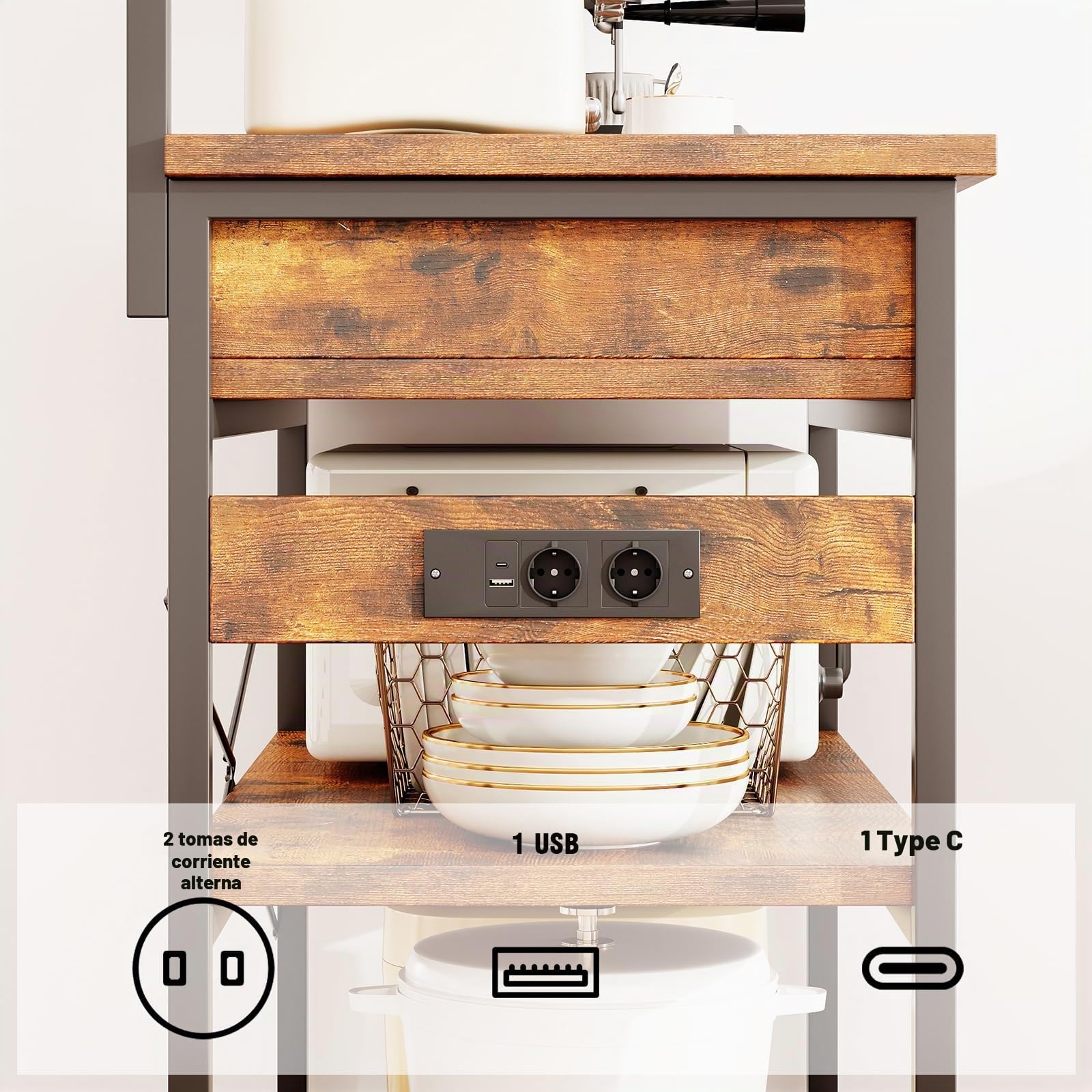 CAIYUN Estantería de cocina con enchufes, estantería con dos cajones de madera, estante para microondas, 5 niveles, estructura de acero, 42 x 80 x 148 cm, marrón rústico