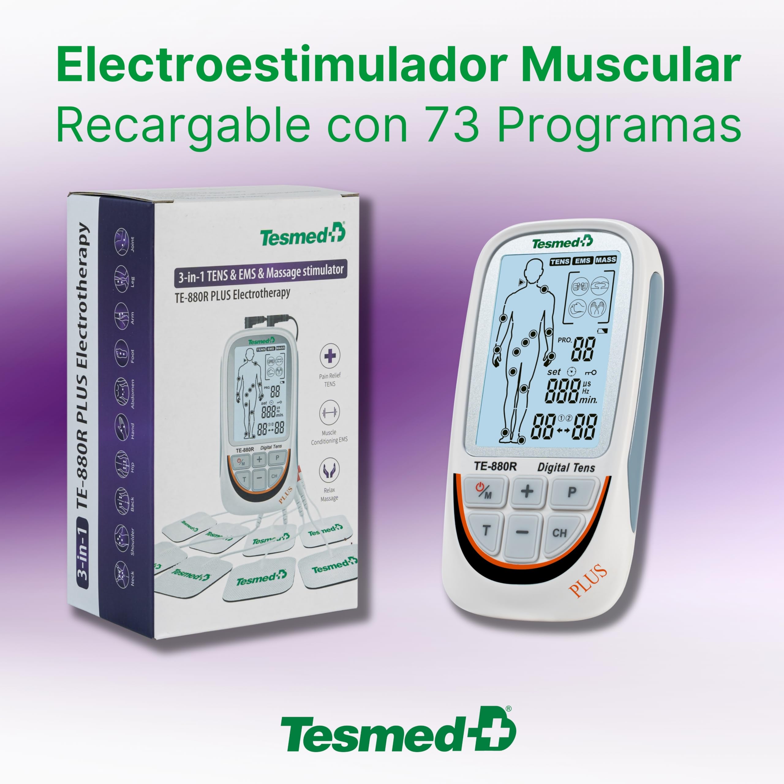 TESMED TE-880R Plus Electroestimulador Muscular Recargable, EMS, TENS, Masaje - 73 programas incluidos 2 personalizables - Funciona con 8 electrodos