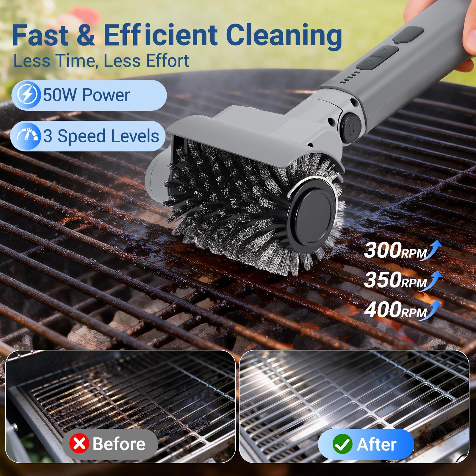 Cepillo Eléctrico Mejorado para Parrilla, Cepillo Barbacoa Inoxidable, Motor de 3 velocidades, 120 min de duración, IPX6 Resistente al Agua, Cepillo Barbacoa para Todo Tipo De Parrilla