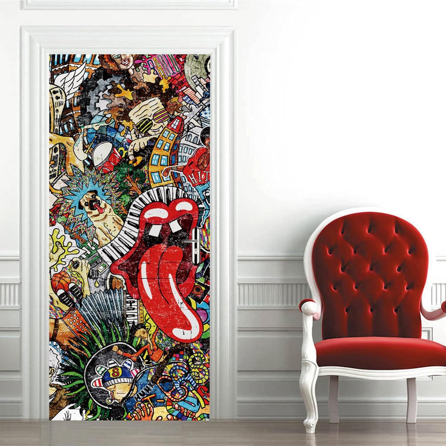 Door Sticker, Peel and Stick Vinyl Door Decals, Self-Adhesive Mural for Home Decor, 30.3" W x 78.7" L, Set of 2 Sheets, Hip-hop Graffiti