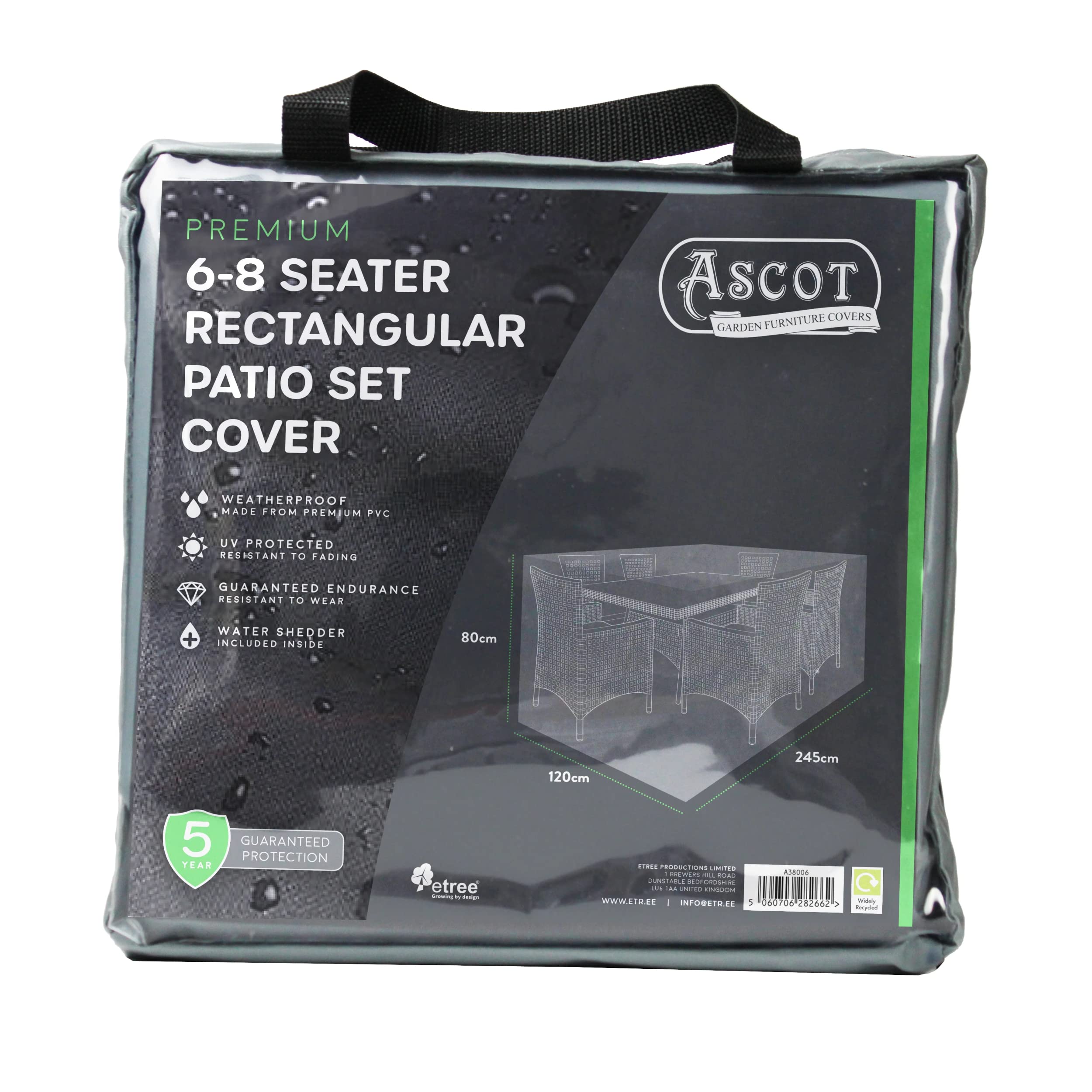 Ascot Garden Furniture Covers Grey Ascot Premium Large(6-8 Seater) Rectangular Patio Set Cover - 245 X 120 X 80 (H) Cm Modern