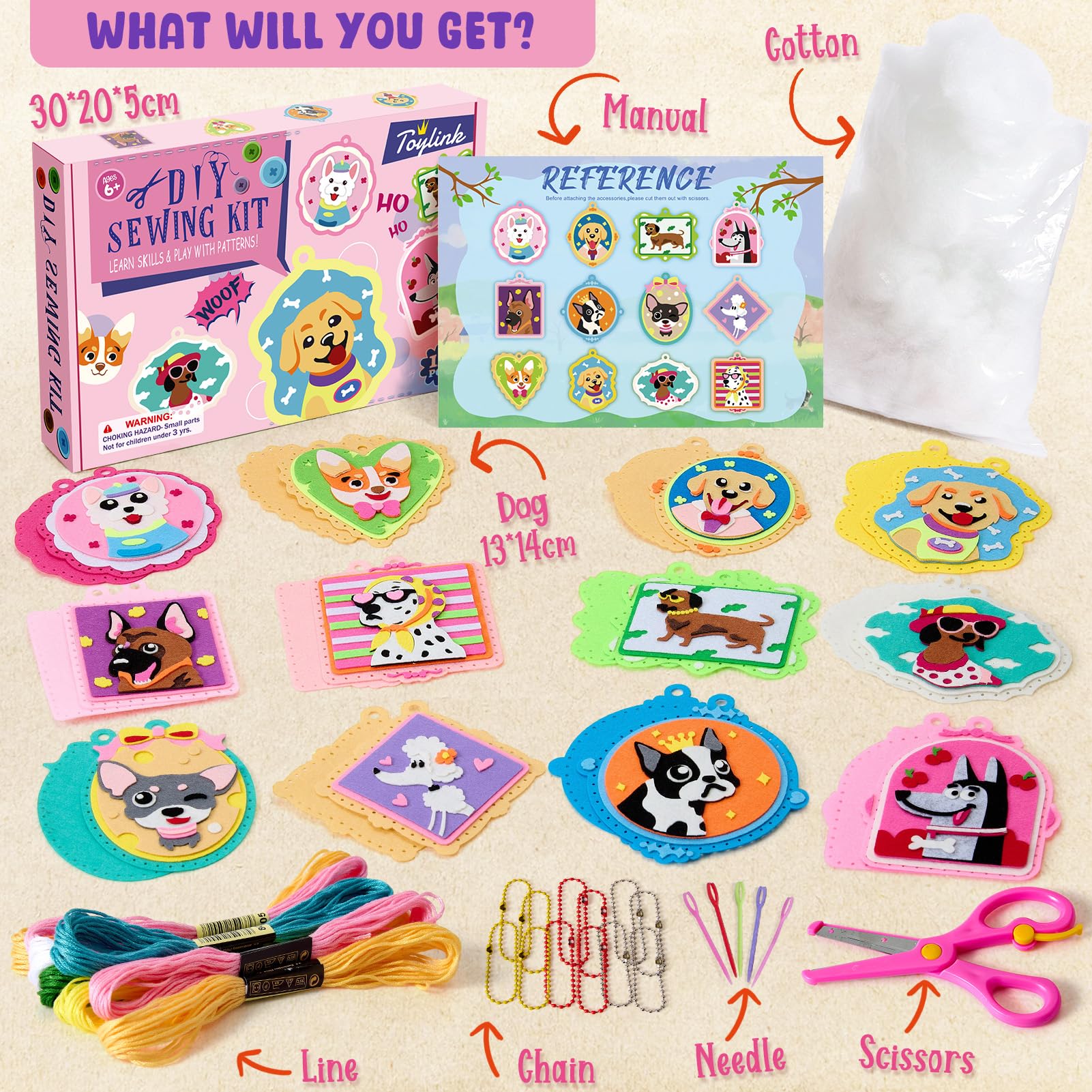 Toylink Kit Cucito in Fieltro per Bambini, Kit Lavoretti Creativi per Bambini con 12 Feltro & Fili da Ricamo & Aghi di Plastica, Fai Da Te Regalo Bambina Bambino 6 7 8 9 Anni