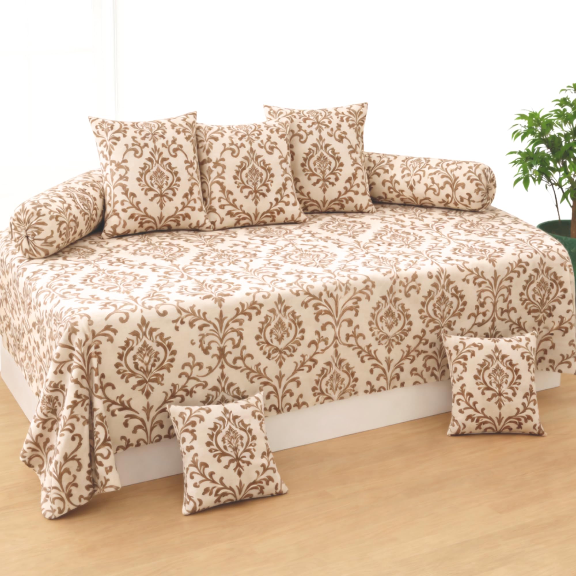 Floral Diwan Set with 5 Cushion Covers and 2 Bolster Covers, Cotton, Mandala Print (Biege)-image-12