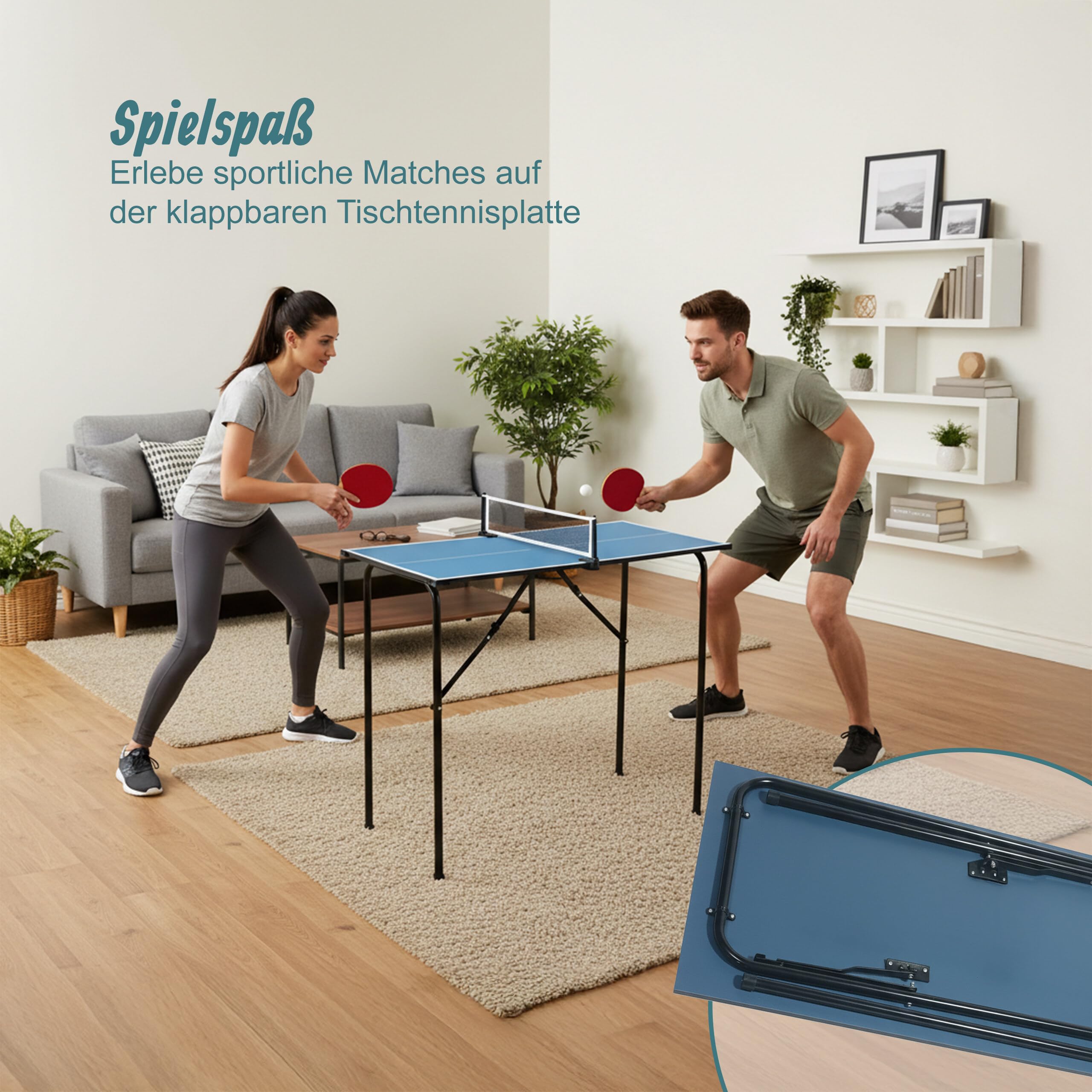 Relaxdays Mini Tischtennisplatte, klappbar, Indoor Tischtennistisch, platzsparend, HBT: 76x88x48 cm, MDF & Stahl, blau