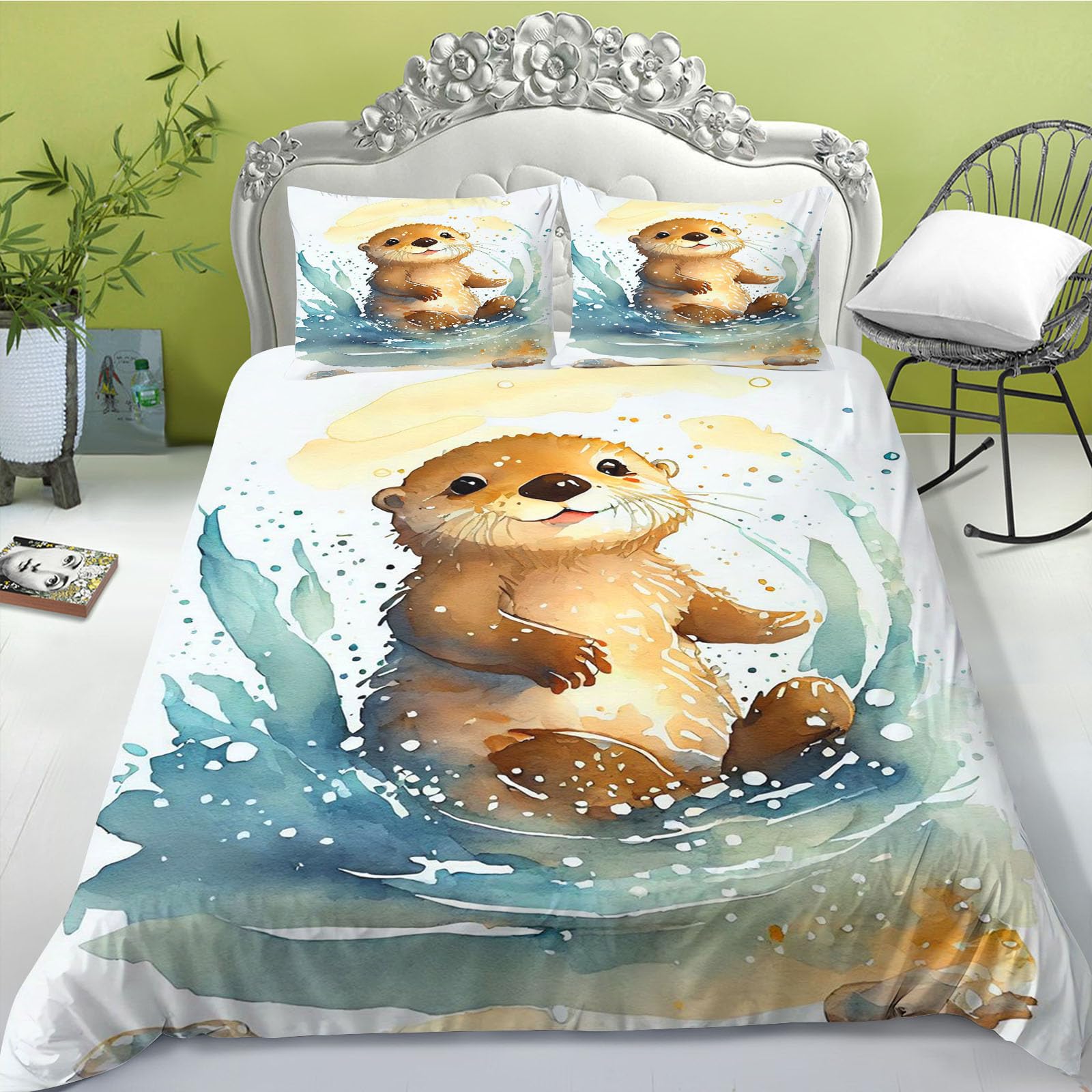 Fabtop 1 Otter Bed Linen 35 X 200 Cm, Cute Otter Duvet Cover For Children, Soft Microfibre Sea Otter Bed Linen Set, 3D Print Ottertier Bed Linen (.135 X 200 Cm)
