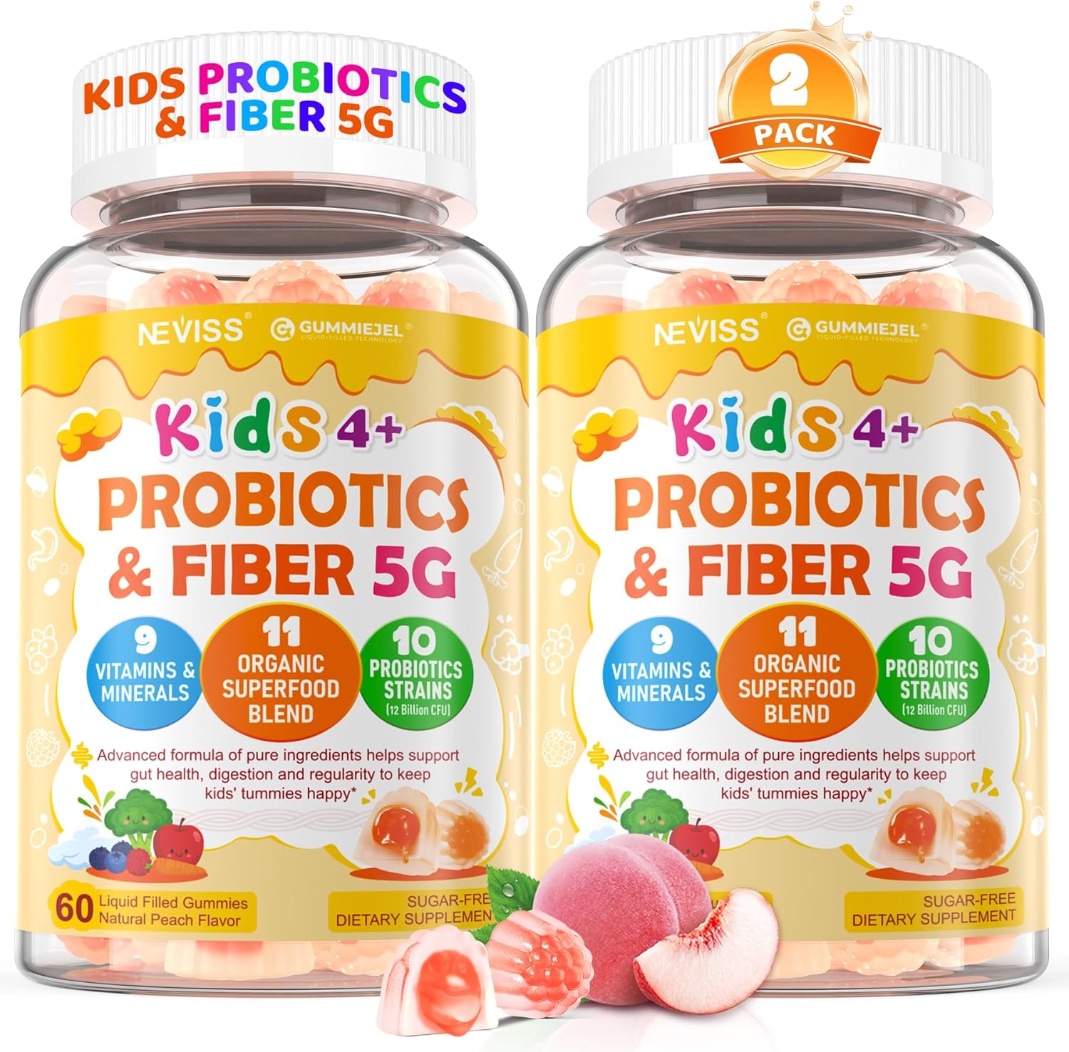 2Pack Kids Probiotic + Prebiotic Fiber Gummies 5G, 12 Billion CFU Probiotic & Veggie Fruit Fiber, w/ Organic Inulin, Methyl B12 B6 D3 C, Lutein for Children's Digestive & Gut, Immune Health,Sugar Free