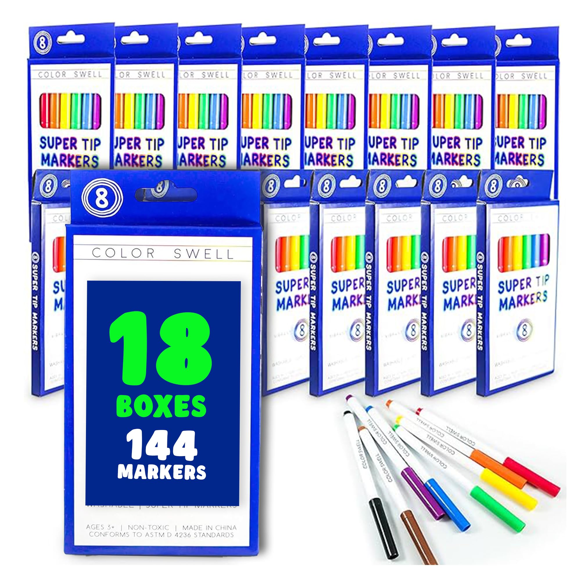 Color Swell Bulk Markers - 18 Packs 8 per Pack (144 Total) - Super Tip Bulk Markers 18 Pack | 8 Colors