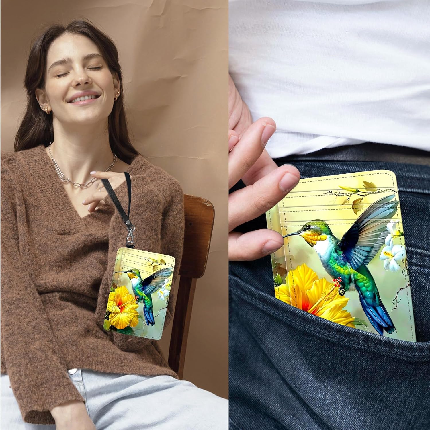 Credit Card Holder Slim Wallet,RFID Wallet Women Front Pocket Small Card Holder Travel Cute Thin Minimalist Card Case Leather Flat Wallet with ID Window&Wrist Strap,Hummingbird Flower