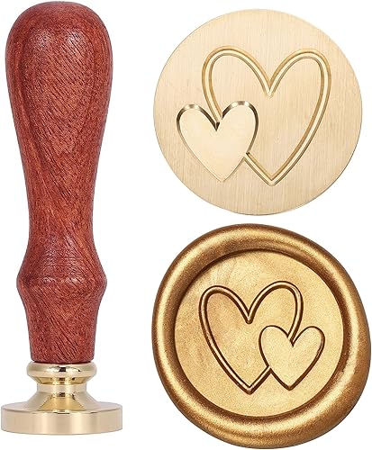 Yoption Sello de cera de doble corazón, cabeza de latón vintage, sello de cera de sellado de empuñadura de madera para boda, fiesta de Navidad,