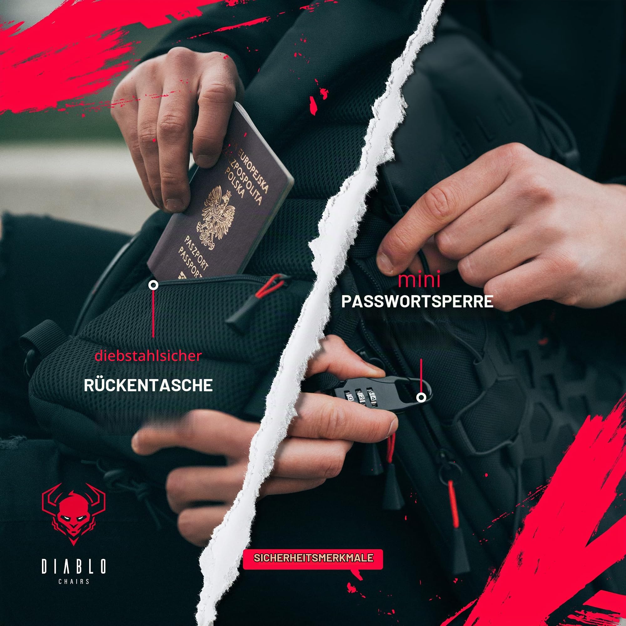 Diablo Umhängetasche Schulterrucksack Brusttasche USB-Anschluss Anti-Diebstahl Zahlenschloss für Reißverschluss 11 Taschen Wasserdicht