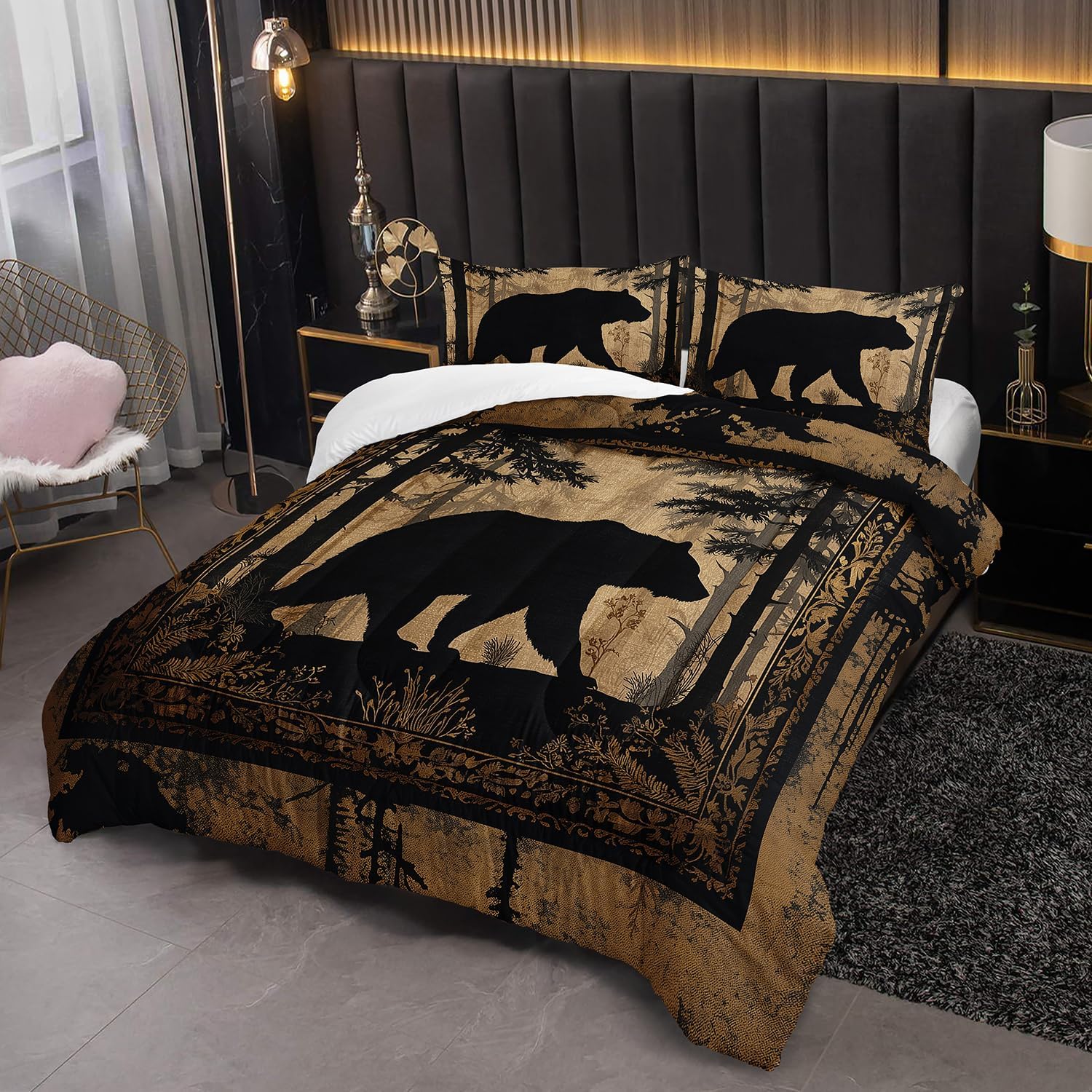 Black Bears Hunting Animal Comforter 3Pcs Queen Wildlife Bear Forest Pine Tree Bedding Set for Kid Teen Boy Girl Adult Retro Rustic Bear Plant Quilt Bed Decor with 1 Comforter & 2 Pillowcases