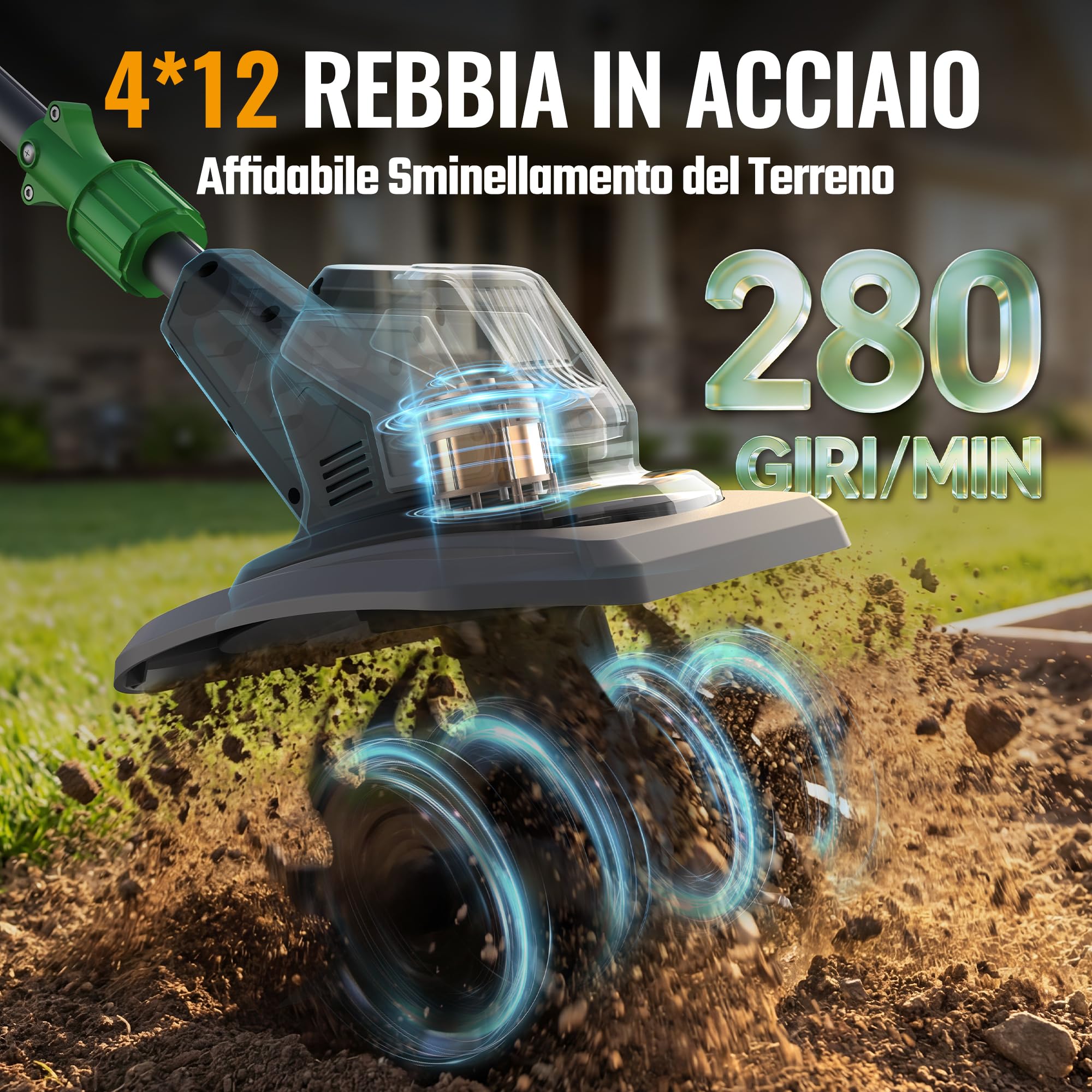 WORKPROX Motozappa Elettrica Senza Fili 20V, Lavoro 20 cm x 20 cm, Velocità 280 giri/min, Motozappa a Batteria da 4,0 Ah, Leggera 4,7 kg, Compatto per Giardino, Orto e Frutteto