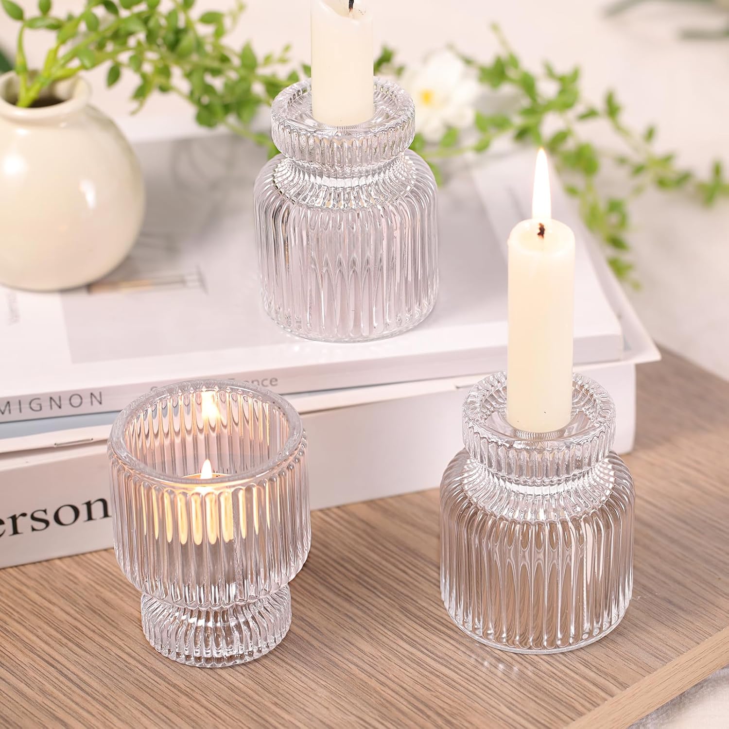 6 Pcs Clear Glass Candlestick Holders with Vertical Stripes - Dual-Use for Taper Candles & Votive/Tea Lights, Taper Candle Holders for Dining Table, Wedding, Home, Party Decor, Gifts