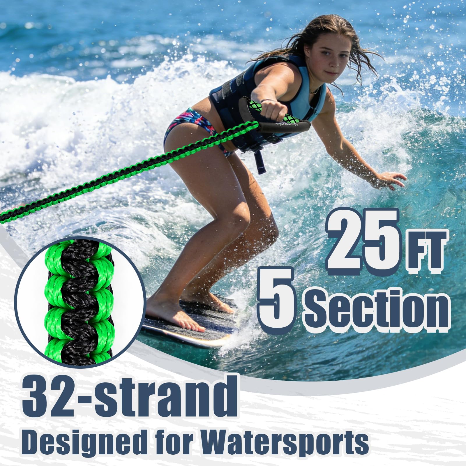 Wakesurfseil mit Griff, 7,6 m Leinen für Wakeboarden Wasserski und Wakesurfen