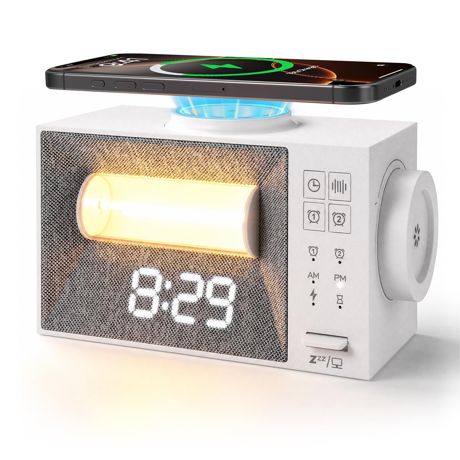 Despertador digital con estación de carga, cargador rápido inalámbrico de 15 W, despertador digital con 20 sonidos naturales, luz nocturna, lámpara de noche con luz diurna, despertador con función de