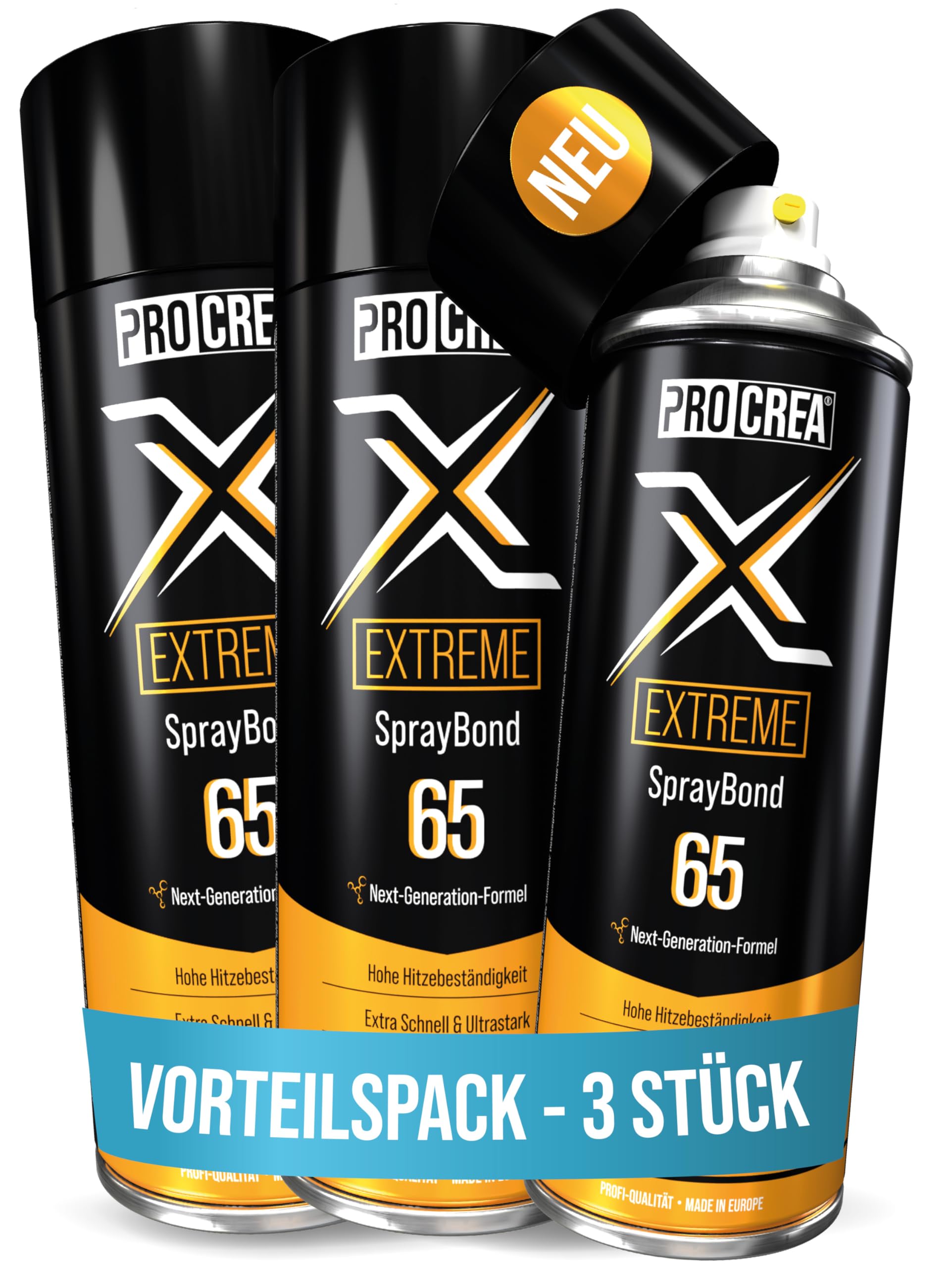 PROCREA® 3x Premium Sprühkleber "X65 Extreme" [Hitzebeständig bis 110°] Extra starker & schneller Industriekleber für Dachhimmel, Stoff, Schaumstoff uvm. - Kein Durchschlagen - Wasserfest