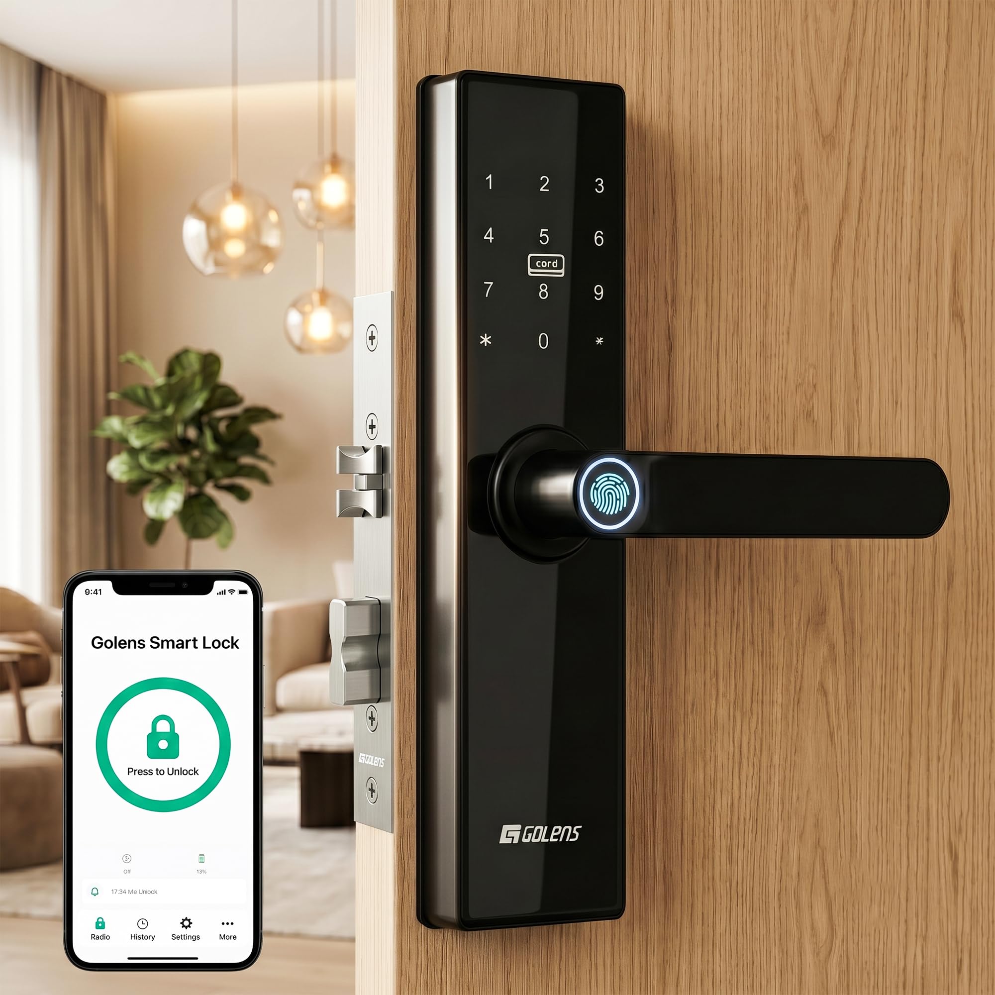 Golens X3N (NEW Launch) Smart Door Lock, Black | 8-in-1 Keyless Lock | WiFi & Bluetooth | Fingerprint, PIN, RFID, OTP, App & Mechanical Key | Biometric Lock for Wooden Doors