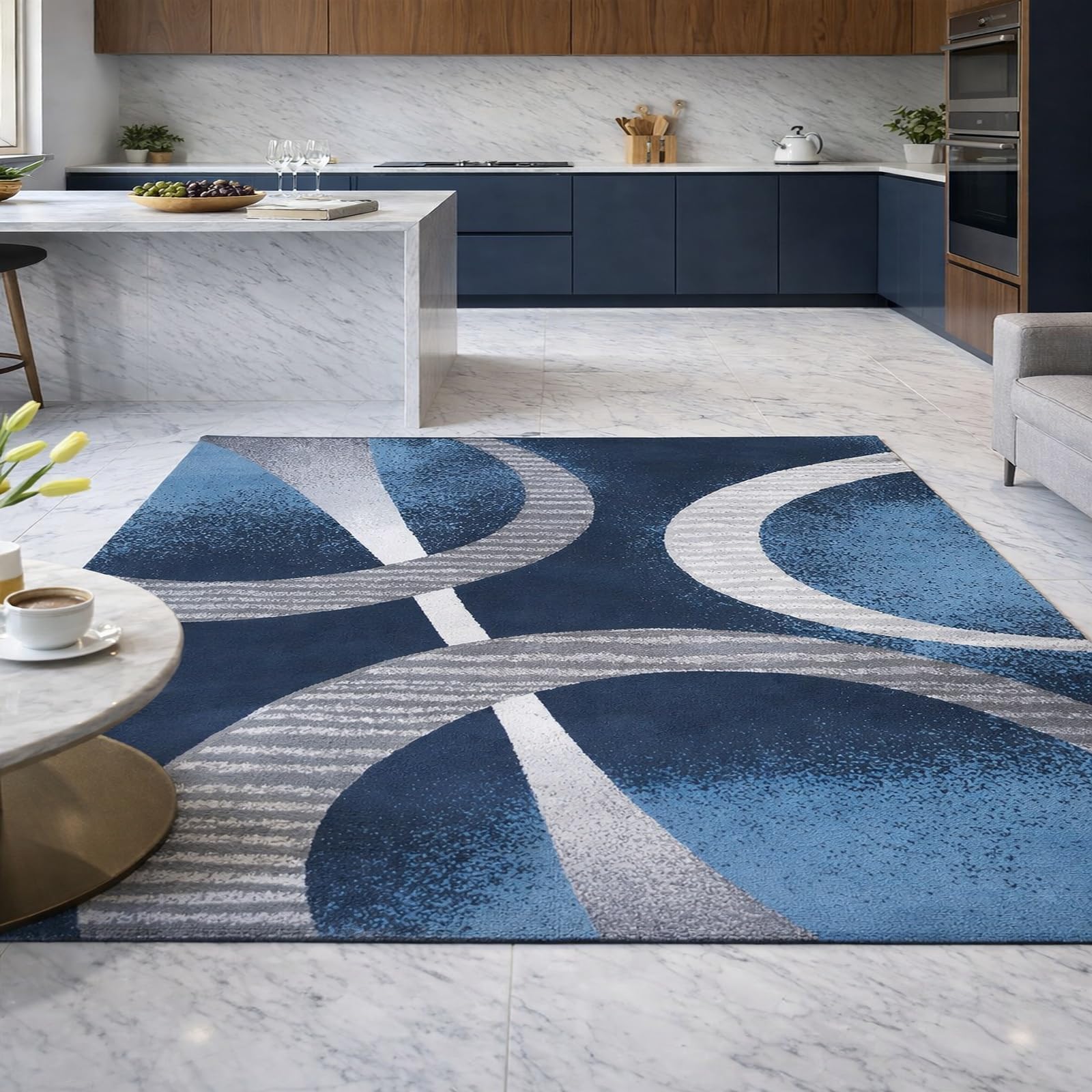 Rugs abstrait géométrique moderne bleu gris pour valoriser une commode de chambre