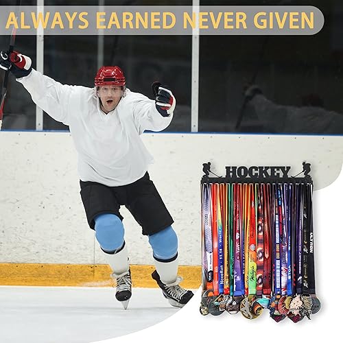 Miniatura 3 de Goutoports Soporte de exhibición de medallas de hockey para carreras deportivas, metal de acero negro resistente con más de 60 medallas, fácil de